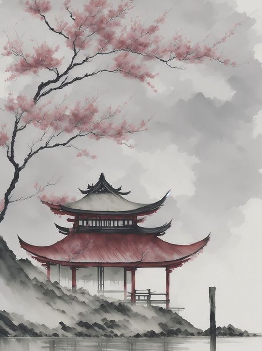 Русский промпт: A Chinese-style painting of a traditional Chinese pagoda with a red roof, situated in the middle of a lake, surrounded by a mountainous landscape. The pagoda has a tall, pointed roof and multiple windows, and the lake is still and calm, reflecting the sky and clouds above. On the left side of the pagoda, a cherry blossom tree with delicate pink petals stands tall, its branches reaching up towards the sky. The painting is done in black and white, with subtle brushstrokes adding texture and depth to the scene. In the bottom right corner, there is Chinese characters written in a traditional calligraphy script. The overall aesthetic is peaceful and serene, with a sense of tranquility and tranquility. | Original prompt: A Chinese-style painting of a traditional Chinese pagoda with a red roof, situated in the middle of a lake, surrounded by a mountainous landscape. The pagoda has a tall, pointed roof and multiple windows, and the lake is still and calm, reflecting the sky and clouds above. On the left side of the pagoda, a cherry blossom tree with delicate pink petals stands tall, its branches reaching up towards the sky. The painting is done in black and white, with subtle brushstrokes adding texture and depth to the scene. In the bottom right corner, there is Chinese characters written in a traditional calligraphy script. The overall aesthetic is peaceful and serene, with a sense of tranquility and tranquility.