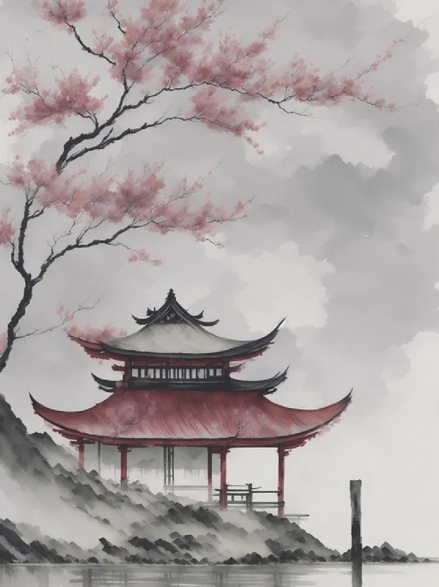 Русский промпт: A Chinese-style painting of a traditional Chinese pagoda with a red roof, situated in the middle of a lake, surrounded by a mountainous landscape. The pagoda has a tall, pointed roof and multiple windows, and the lake is still and calm, reflecting the sky and clouds above. On the left side of the pagoda, a cherry blossom tree with delicate pink petals stands tall, its branches reaching up towards the sky. The painting is done in black and white, with subtle brushstrokes adding texture and depth to the scene. In the bottom right corner, there is Chinese characters written in a traditional calligraphy script. The overall aesthetic is peaceful and serene, with a sense of tranquility and tranquility. | Original prompt: A Chinese-style painting of a traditional Chinese pagoda with a red roof, situated in the middle of a lake, surrounded by a mountainous landscape. The pagoda has a tall, pointed roof and multiple windows, and the lake is still and calm, reflecting the sky and clouds above. On the left side of the pagoda, a cherry blossom tree with delicate pink petals stands tall, its branches reaching up towards the sky. The painting is done in black and white, with subtle brushstrokes adding texture and depth to the scene. In the bottom right corner, there is Chinese characters written in a traditional calligraphy script. The overall aesthetic is peaceful and serene, with a sense of tranquility and tranquility.