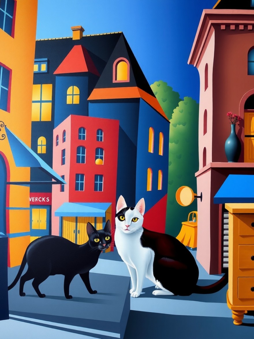 Русский промпт: Крупнейший каталлог промптов для нейросетей MidJourney, Stable Duffusion, Flux, Imagen, Sora и др... | Original prompt: Paul Corfield's painting depicting CATS IN CITY