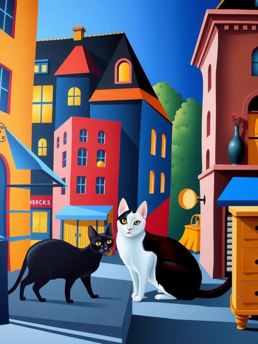 Русский промпт: Крупнейший каталлог промптов для нейросетей MidJourney, Stable Duffusion, Flux, Imagen, Sora и др... | Original prompt: Paul Corfield's painting depicting CATS IN CITY