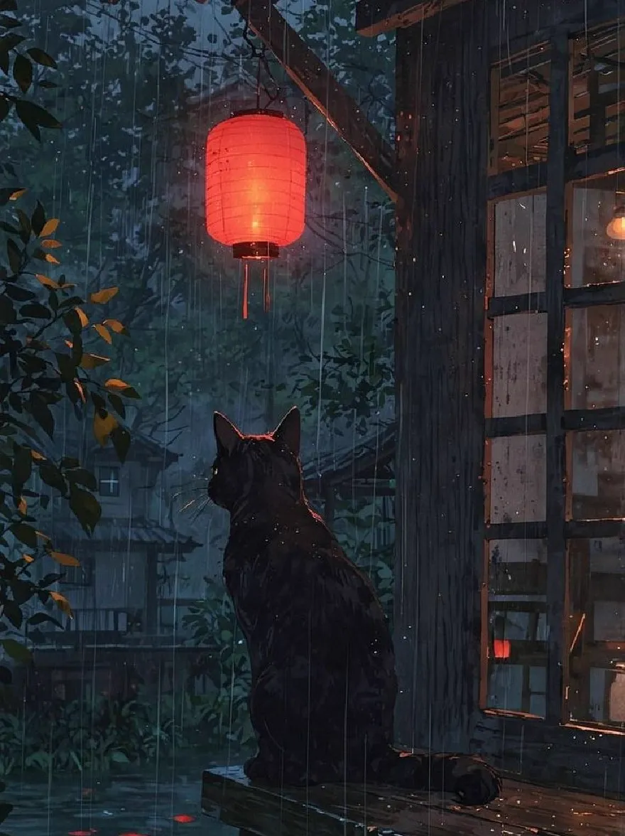 Русский промпт: A digital painting of a black cat sitting on a wooden platform in the rain, looking up at a red Chinese lantern hanging from a wooden structure in the background. The lantern is lit, casting a warm glow on the surrounding foliage. The cat is silhouetted against the night sky, with raindrops cascading down from the sky. The scene is set in a Japanese village, with traditional Japanese architecture and lanterns. The atmosphere is peaceful and serene, with a focus on the cat's contemplative expression. The artwork is done in a realistic style with a soft, muted color palette and detailed textures. | Original prompt: A digital painting of a black cat sitting on a wooden platform in the rain, looking up at a red Chinese lantern hanging from a wooden structure in the background. The lantern is lit, casting a warm glow on the surrounding foliage. The cat is silhouetted against the night sky, with raindrops cascading down from the sky. The scene is set in a Japanese village, with traditional Japanese architecture and lanterns. The atmosphere is peaceful and serene, with a focus on the cat's contemplative expression. The artwork is done in a realistic style with a soft, muted color palette and detailed textures.
