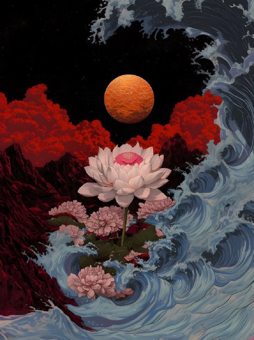 Русский промпт: A surreal, surreal digital illustration featuring a large, white lotus flower in the middle of a swirling ocean wave, surrounded by smaller pink flowers. The background is a dark, starry night sky with a bright orange sun in the distance. The colors are predominantly red and blue, with splashes of pink and white. The artwork has a dreamy, ethereal quality, with a minimalist aesthetic. The overall effect is one of beauty and serenity. | Original prompt: A surreal, surreal digital illustration featuring a large, white lotus flower in the middle of a swirling ocean wave, surrounded by smaller pink flowers. The background is a dark, starry night sky with a bright orange sun in the distance. The colors are predominantly red and blue, with splashes of pink and white. The artwork has a dreamy, ethereal quality, with a minimalist aesthetic. The overall effect is one of beauty and serenity.