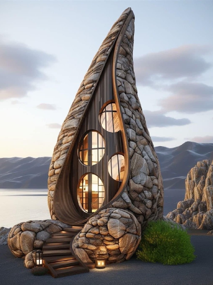 Русский промпт: Рендеринг уникальной каменной кабины в форме слез с деревянными внешними и круглыми окнами, расположенным на скалистой береговой линии с видом на озеро на закате. В салоне есть естественный, деревенский вид, с наклонной крышей и деревянной лестницей, ведущей к входу. Внешний вид изготовлен из крупных, нерегулярно формированных камней, а интерьер снабжен деревянными акцентами. Небо представляет собой красивую смесь апельсинов, розовых и пурпурных, с горами на заднем плане. Освещение мягкое и теплое, создавая мирную и безмятежную атмосферу. Общее настроение - это одно спокойствие и безмятежность. | Original prompt: A rendering of a unique, tear-shaped stone cabin with a wooden exterior and round windows, situated on a rocky shoreline overlooking a lake at sunset. The cabin has a natural, rustic look, with a slanted roof and a wooden staircase leading up to the entrance. The exterior is made of large, irregularly shaped stones, and the interior is furnished with wooden accents. The sky is a beautiful mix of oranges, pinks, and purples, with mountains in the background. The lighting is soft and warm, creating a peaceful and serene atmosphere. The overall mood is one of tranquility and serenity.