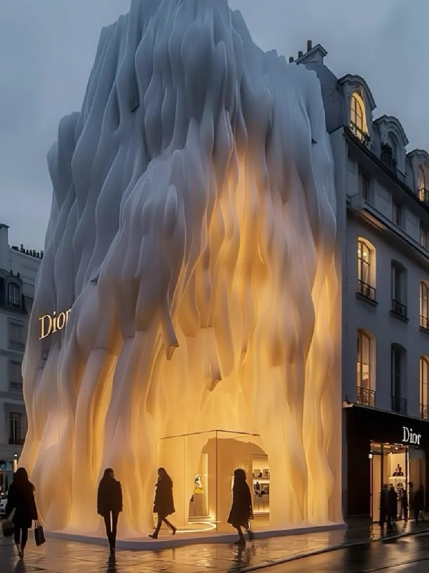 Русский промпт: Фотография футуристического, подобного льду в Париже, Франция, разработанного Кристианом Диором, с большим волнистым фасадом, который напоминает водопад. Здание освещено теплым золотым светом, создавая завораживающий эффект. Вход окружен двумя небольшими зданиями, одно с известным логотипом Dior, выставленным. Люди проходят мимо здания, некоторые несут сумки для покупок, в то время как другие силует на ночном небе. Изображение имеет минималистскую эстетику, с чистыми линиями и минималистским дизайном. Общее настроение - это изысканность и элегантность. | Original prompt: Photo of a futuristic, ice-like building in Paris, France, designed by Christian Dior, with a large, wavy facade that resembles a waterfall. The building is illuminated by a warm, golden light, creating a mesmerizing effect. The entrance is flanked by two smaller buildings, one with the iconic Dior logo prominently displayed. People are walking past the building, some carrying shopping bags, while others are silhouetted against the night sky. The image has a minimalist aesthetic, with clean lines and a minimalist design. The overall mood is one of sophistication and elegance.