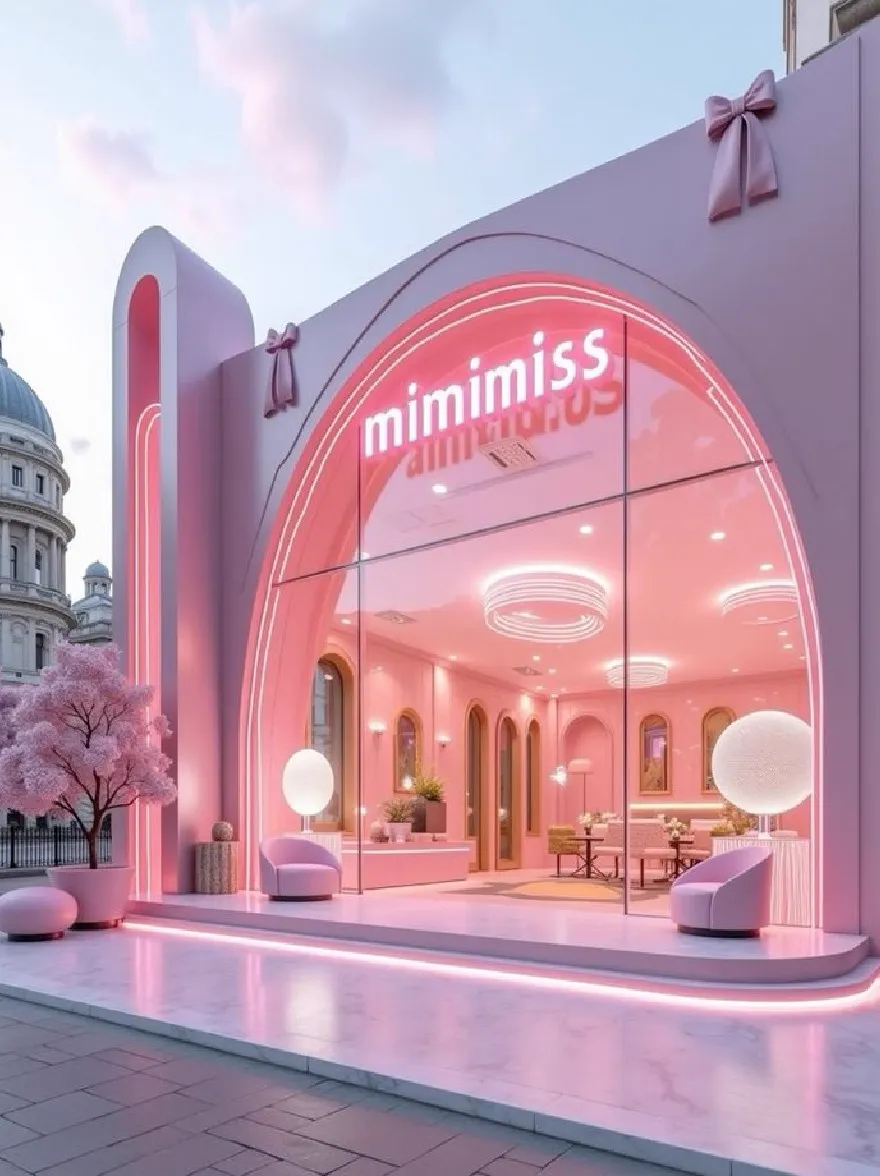 Русский промпт: A rendering of a modern, pink storefront with a large dome-shaped building in the background. The storefront is lit up with a soft pink hue and features a large glass window that reads "mimiss" in white lettering. The entrance is flanked by two large, round, white spheres on either side, adding a touch of elegance to the design. The building has a sleek, contemporary look with a minimalist aesthetic. The sky is a clear blue with a few clouds, and the overall atmosphere is peaceful and inviting. The scene is set in a cityscape, with tall buildings and a fence surrounding the entrance. | Original prompt: A rendering of a modern, pink storefront with a large dome-shaped building in the background. The storefront is lit up with a soft pink hue and features a large glass window that reads "mimiss" in white lettering. The entrance is flanked by two large, round, white spheres on either side, adding a touch of elegance to the design. The building has a sleek, contemporary look with a minimalist aesthetic. The sky is a clear blue with a few clouds, and the overall atmosphere is peaceful and inviting. The scene is set in a cityscape, with tall buildings and a fence surrounding the entrance.