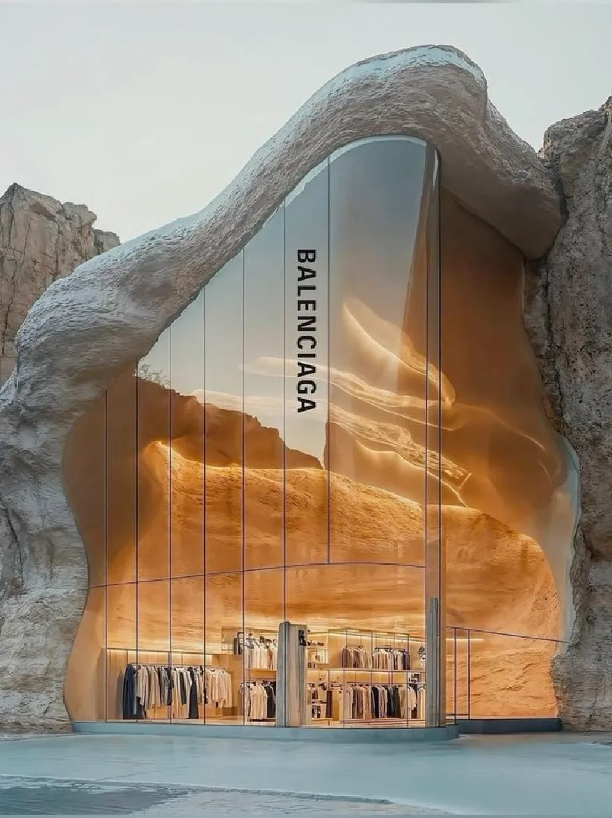 Русский промпт: A rendering of a modern, minimalist Balenciaga store located in a desert-like setting, with a unique rock formation and a curved glass facade. The store is located in the center of the image, surrounded by rocky cliffs. The entrance is made of glass, with the store's name written in bold, modern lettering. Inside the store, there are clothes hanging on racks, illuminated by warm, ambient lighting. The sky is a clear blue, and the overall aesthetic is minimalistic and contemporary. | Original prompt: A rendering of a modern, minimalist Balenciaga store located in a desert-like setting, with a unique rock formation and a curved glass facade. The store is located in the center of the image, surrounded by rocky cliffs. The entrance is made of glass, with the store's name written in bold, modern lettering. Inside the store, there are clothes hanging on racks, illuminated by warm, ambient lighting. The sky is a clear blue, and the overall aesthetic is minimalistic and contemporary.