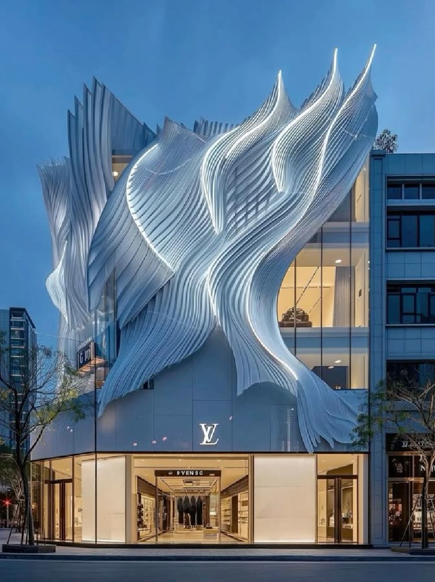 Русский промпт: The image shows a modern, contemporary building with a unique architectural design featuring a large, wavy, translucent facade that resembles a wave-like structure. The building is located in Seoul, South Korea, with a Louis Vuitton logo prominently displayed at the entrance. The facade is illuminated by ambient lighting, creating a striking contrast between the sleek and modern design of the building and the night sky. The entrance is flanked by two large glass doors, allowing for a clear view of the clothing and accessories inside. Trees line the street in front of the entrance, adding a touch of greenery to the otherwise monochromatic scene. | Original prompt: The image shows a modern, contemporary building with a unique architectural design featuring a large, wavy, translucent facade that resembles a wave-like structure. The building is located in Seoul, South Korea, with a Louis Vuitton logo prominently displayed at the entrance. The facade is illuminated by ambient lighting, creating a striking contrast between the sleek and modern design of the building and the night sky. The entrance is flanked by two large glass doors, allowing for a clear view of the clothing and accessories inside. Trees line the street in front of the entrance, adding a touch of greenery to the otherwise monochromatic scene.