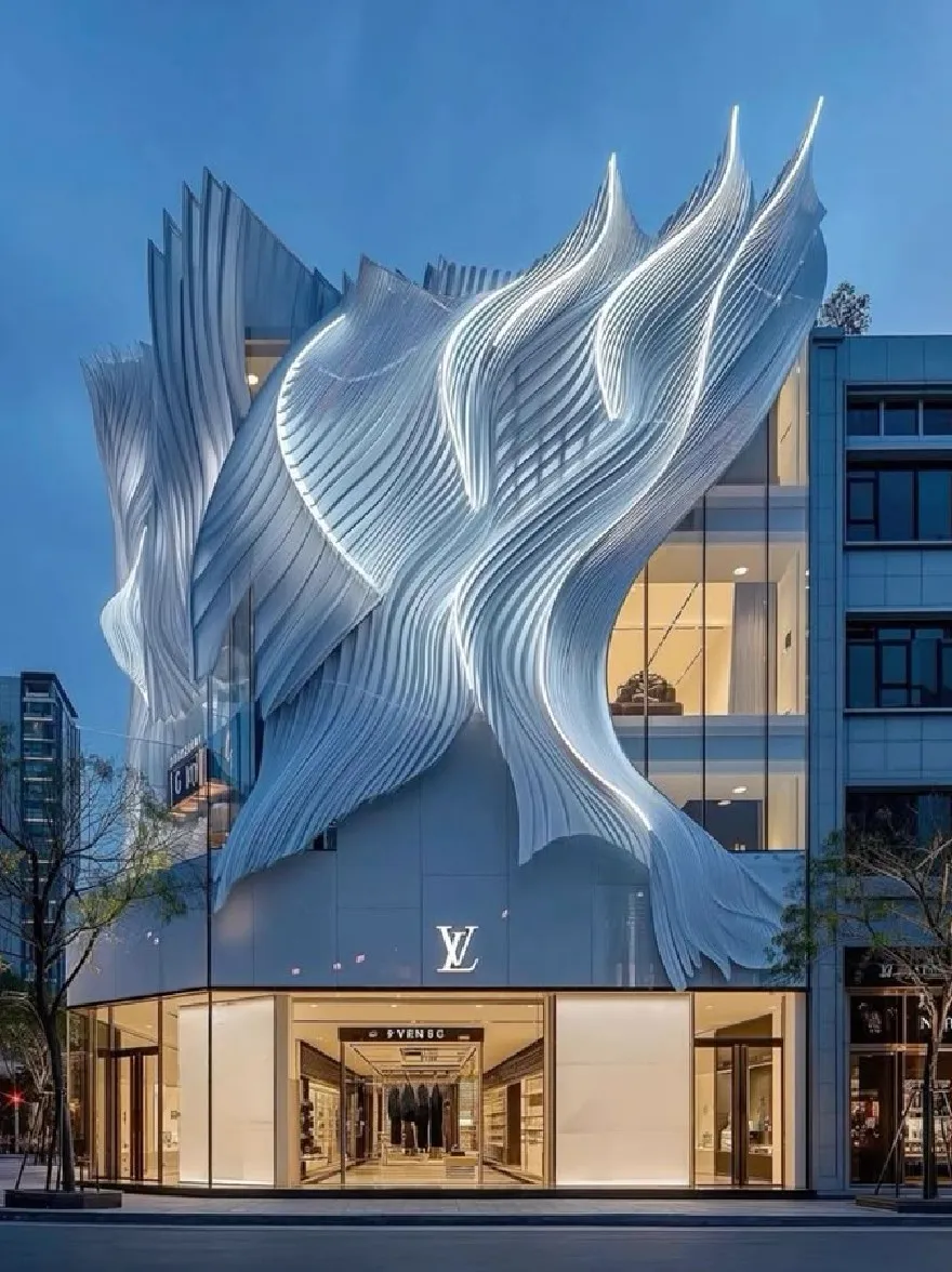Русский промпт: The image shows a modern, contemporary building with a unique architectural design featuring a large, wavy, translucent facade that resembles a wave-like structure. The building is located in Seoul, South Korea, with a Louis Vuitton logo prominently displayed at the entrance. The facade is illuminated by ambient lighting, creating a striking contrast between the sleek and modern design of the building and the night sky. The entrance is flanked by two large glass doors, allowing for a clear view of the clothing and accessories inside. Trees line the street in front of the entrance, adding a touch of greenery to the otherwise monochromatic scene. | Original prompt: The image shows a modern, contemporary building with a unique architectural design featuring a large, wavy, translucent facade that resembles a wave-like structure. The building is located in Seoul, South Korea, with a Louis Vuitton logo prominently displayed at the entrance. The facade is illuminated by ambient lighting, creating a striking contrast between the sleek and modern design of the building and the night sky. The entrance is flanked by two large glass doors, allowing for a clear view of the clothing and accessories inside. Trees line the street in front of the entrance, adding a touch of greenery to the otherwise monochromatic scene.