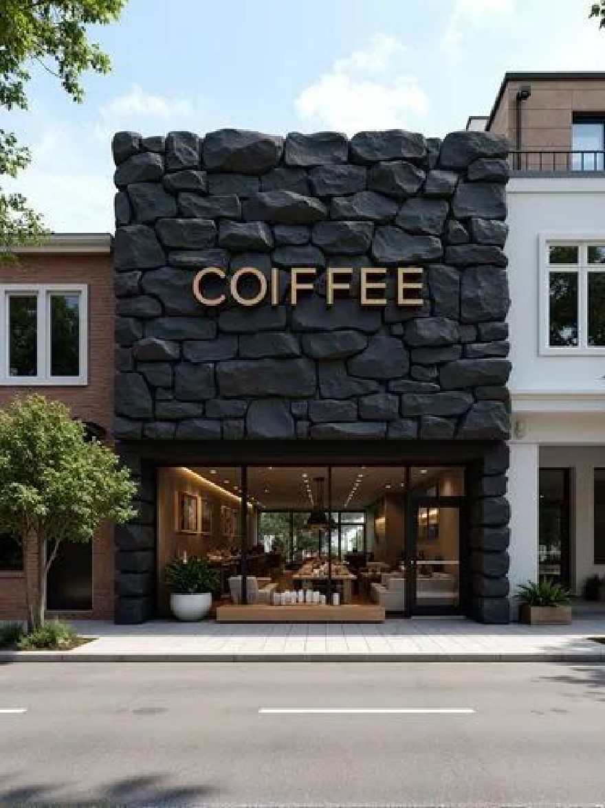 Русский промпт: A rendering of a modern coffee shop with a stone facade and a wooden sign that reads "COFFEE". The shop has large windows, allowing customers to see the interior of the store through the glass doors. There are several potted plants on either side of the entrance, adding a touch of greenery to the inviting atmosphere. The building is surrounded by a brick wall, with a clear blue sky and a few trees in the background. The lighting is bright and natural, creating a pleasant ambiance. The shop is located on a street corner, with other buildings visible in the distance. The overall aesthetic is minimalistic and contemporary. | Original prompt: A rendering of a modern coffee shop with a stone facade and a wooden sign that reads "COFFEE". The shop has large windows, allowing customers to see the interior of the store through the glass doors. There are several potted plants on either side of the entrance, adding a touch of greenery to the inviting atmosphere. The building is surrounded by a brick wall, with a clear blue sky and a few trees in the background. The lighting is bright and natural, creating a pleasant ambiance. The shop is located on a street corner, with other buildings visible in the distance. The overall aesthetic is minimalistic and contemporary.