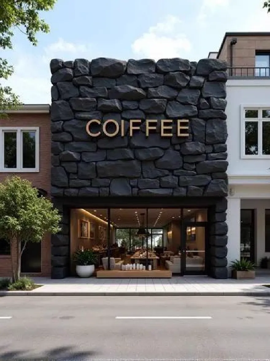 Русский промпт: A rendering of a modern coffee shop with a stone facade and a wooden sign that reads "COFFEE". The shop has large windows, allowing customers to see the interior of the store through the glass doors. There are several potted plants on either side of the entrance, adding a touch of greenery to the inviting atmosphere. The building is surrounded by a brick wall, with a clear blue sky and a few trees in the background. The lighting is bright and natural, creating a pleasant ambiance. The shop is located on a street corner, with other buildings visible in the distance. The overall aesthetic is minimalistic and contemporary. | Original prompt: A rendering of a modern coffee shop with a stone facade and a wooden sign that reads "COFFEE". The shop has large windows, allowing customers to see the interior of the store through the glass doors. There are several potted plants on either side of the entrance, adding a touch of greenery to the inviting atmosphere. The building is surrounded by a brick wall, with a clear blue sky and a few trees in the background. The lighting is bright and natural, creating a pleasant ambiance. The shop is located on a street corner, with other buildings visible in the distance. The overall aesthetic is minimalistic and contemporary.