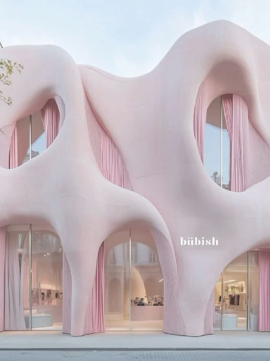 Русский промпт: A rendering of a modern, minimalist building with a unique architectural design featuring curved, wavy surfaces and large, rectangular windows. The facade is predominantly pink, with the word "bibish" written in white in the center. The building is situated on a city street, with other buildings in the background. The lighting is bright and natural, casting soft shadows. The overall aesthetic is minimalistic and contemporary. | Original prompt: A rendering of a modern, minimalist building with a unique architectural design featuring curved, wavy surfaces and large, rectangular windows. The facade is predominantly pink, with the word "bibish" written in white in the center. The building is situated on a city street, with other buildings in the background. The lighting is bright and natural, casting soft shadows. The overall aesthetic is minimalistic and contemporary.