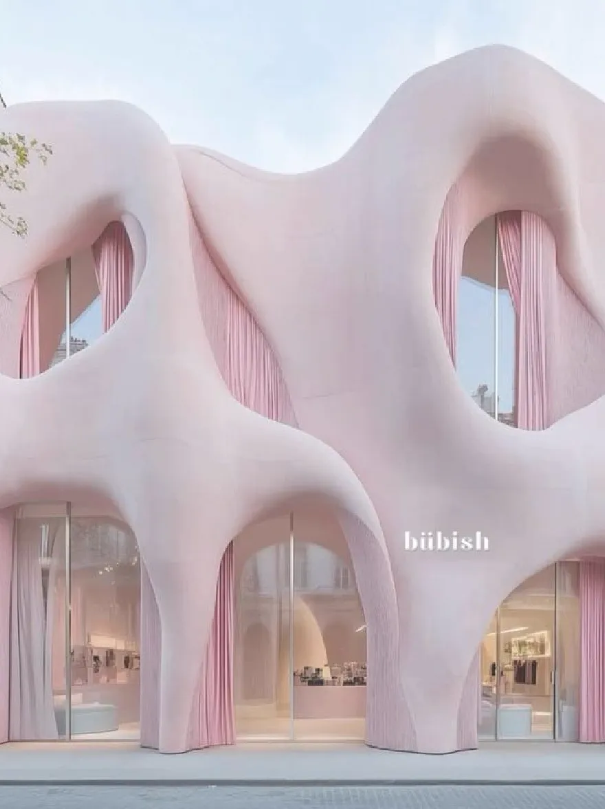 Русский промпт: A rendering of a modern, minimalist building with a unique architectural design featuring curved, wavy surfaces and large, rectangular windows. The facade is predominantly pink, with the word "bibish" written in white in the center. The building is situated on a city street, with other buildings in the background. The lighting is bright and natural, casting soft shadows. The overall aesthetic is minimalistic and contemporary. | Original prompt: A rendering of a modern, minimalist building with a unique architectural design featuring curved, wavy surfaces and large, rectangular windows. The facade is predominantly pink, with the word "bibish" written in white in the center. The building is situated on a city street, with other buildings in the background. The lighting is bright and natural, casting soft shadows. The overall aesthetic is minimalistic and contemporary.