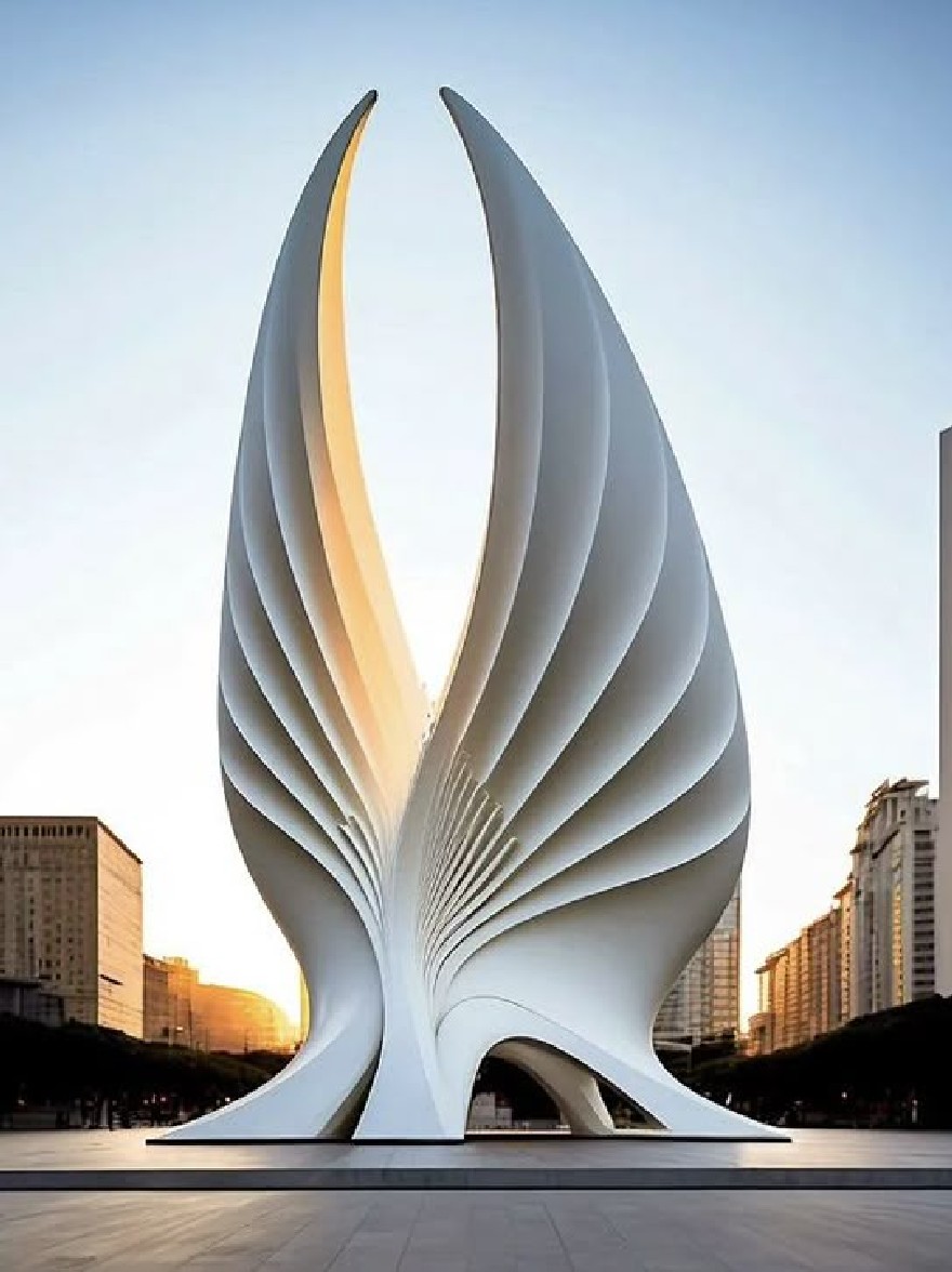 Русский промпт: The image shows a modern architectural sculpture in the middle of a city square at sunset, featuring a unique, curved, white structure that resembles a book. The structure is illuminated by the warm, golden light of the setting sun, casting a soft glow on the surrounding buildings and skyscrapers. The sculpture stands tall and slender, with its curved, open book-like design creating a mesmerizing effect. The sky is a deep blue, with a few wispy clouds scattered across the horizon. The square is empty, with no people or objects in sight. The overall atmosphere is peaceful and serene. | Original prompt: The image shows a modern architectural sculpture in the middle of a city square at sunset, featuring a unique, curved, white structure that resembles a book. The structure is illuminated by the warm, golden light of the setting sun, casting a soft glow on the surrounding buildings and skyscrapers. The sculpture stands tall and slender, with its curved, open book-like design creating a mesmerizing effect. The sky is a deep blue, with a few wispy clouds scattered across the horizon. The square is empty, with no people or objects in sight. The overall atmosphere is peaceful and serene.