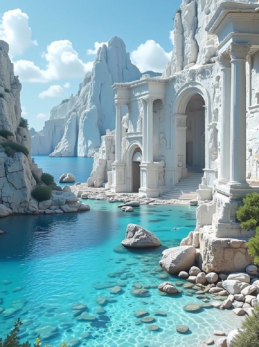 Русский промпт: A stunning 3D rendering of a serene, ancient Greek-inspired landscape featuring a white marble temple perched atop a rocky cliff overlooking a clear turquoise river. The temple has intricate carvings and columns, and is surrounded by lush greenery and rocky cliffs. The sky is a bright blue with fluffy white clouds scattered throughout. The water is calm and clear, reflecting the sky above. The scene is peaceful and tranquil, with a sense of serenity and tranquility. | Original prompt: A stunning 3D rendering of a serene, ancient Greek-inspired landscape featuring a white marble temple perched atop a rocky cliff overlooking a clear turquoise river. The temple has intricate carvings and columns, and is surrounded by lush greenery and rocky cliffs. The sky is a bright blue with fluffy white clouds scattered throughout. The water is calm and clear, reflecting the sky above. The scene is peaceful and tranquil, with a sense of serenity and tranquility.