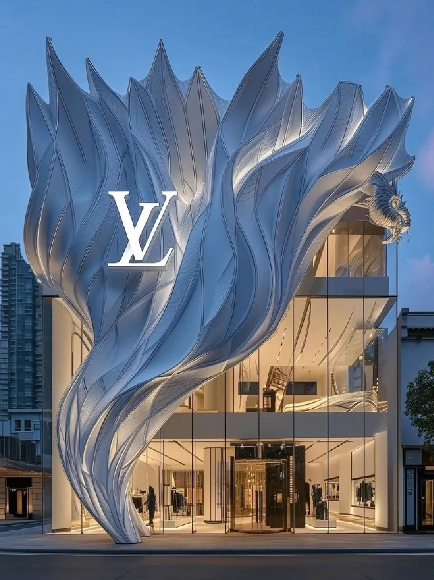 Русский промпт: The image shows a luxurious Louis Vuitton flagship store in Hong Kong, designed by Zaha Hadid Architects. The building features a unique, wavy, translucent facade with the iconic LV logo prominently displayed in the center. The entrance is flanked by two tall, modern skyscrapers, with a seahorse statue perched atop the entrance. The exterior is illuminated by soft, ambient lighting, creating a warm, inviting atmosphere. The sky is a deep blue, with the sun setting in the background, casting a golden hue over the scene. The store is surrounded by a bustling cityscape, with other buildings visible in the distance. | Original prompt: The image shows a luxurious Louis Vuitton flagship store in Hong Kong, designed by Zaha Hadid Architects. The building features a unique, wavy, translucent facade with the iconic LV logo prominently displayed in the center. The entrance is flanked by two tall, modern skyscrapers, with a seahorse statue perched atop the entrance. The exterior is illuminated by soft, ambient lighting, creating a warm, inviting atmosphere. The sky is a deep blue, with the sun setting in the background, casting a golden hue over the scene. The store is surrounded by a bustling cityscape, with other buildings visible in the distance.