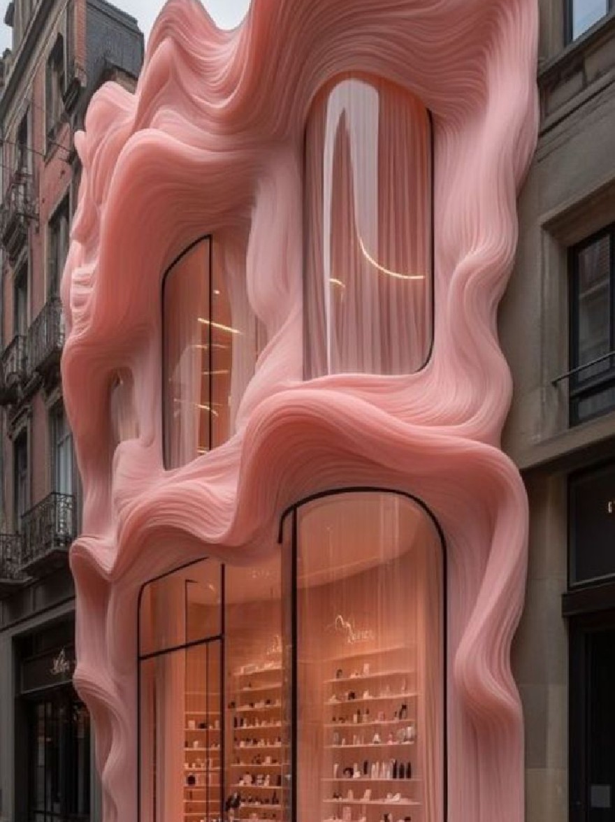 Русский промпт: A modern, minimalist store with a unique architectural design featuring wavy, wavy pink walls and a large, curved glass window that allows natural light to filter through. The store is located on a city street, with tall buildings on either side. Inside the store, there are shelves filled with various bottles of nail polish and other nail polish products. The lighting is soft and warm, creating a cozy atmosphere. The overall aesthetic is minimalistic and contemporary, with clean lines and a minimalist aesthetic. | Original prompt: A modern, minimalist store with a unique architectural design featuring wavy, wavy pink walls and a large, curved glass window that allows natural light to filter through. The store is located on a city street, with tall buildings on either side. Inside the store, there are shelves filled with various bottles of nail polish and other nail polish products. The lighting is soft and warm, creating a cozy atmosphere. The overall aesthetic is minimalistic and contemporary, with clean lines and a minimalist aesthetic.