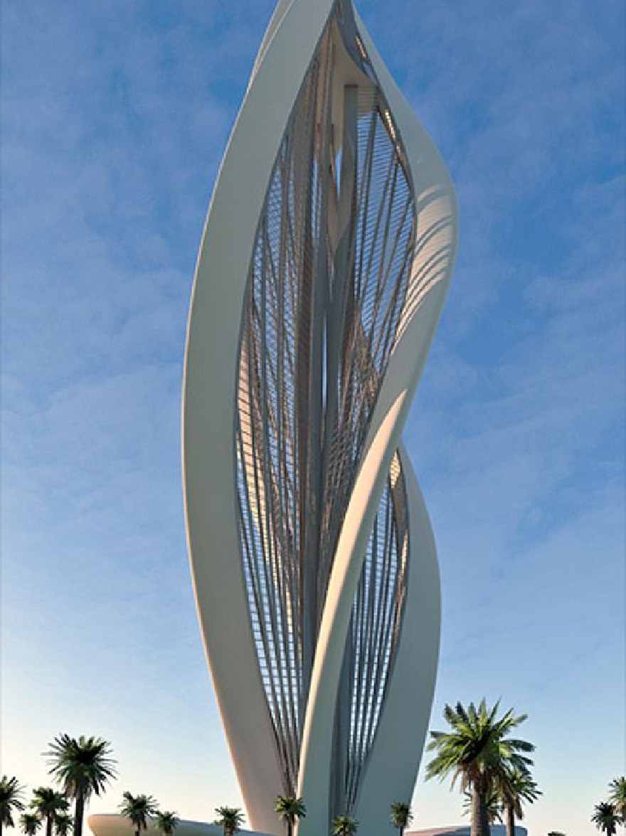 Русский промпт: A rendering of a futuristic, curved, white building with a unique architectural design. The building stands tall in the middle of a body of water, surrounded by lush green palm trees. The sky is clear and blue, with a few clouds scattered across it. The lighting is soft and natural, casting a warm glow on the building's intricate, wavy pattern. The design is symmetrical and has a minimalist aesthetic. The image has a watermark in the bottom right corner. | Original prompt: A rendering of a futuristic, curved, white building with a unique architectural design. The building stands tall in the middle of a body of water, surrounded by lush green palm trees. The sky is clear and blue, with a few clouds scattered across it. The lighting is soft and natural, casting a warm glow on the building's intricate, wavy pattern. The design is symmetrical and has a minimalist aesthetic. The image has a watermark in the bottom right corner.