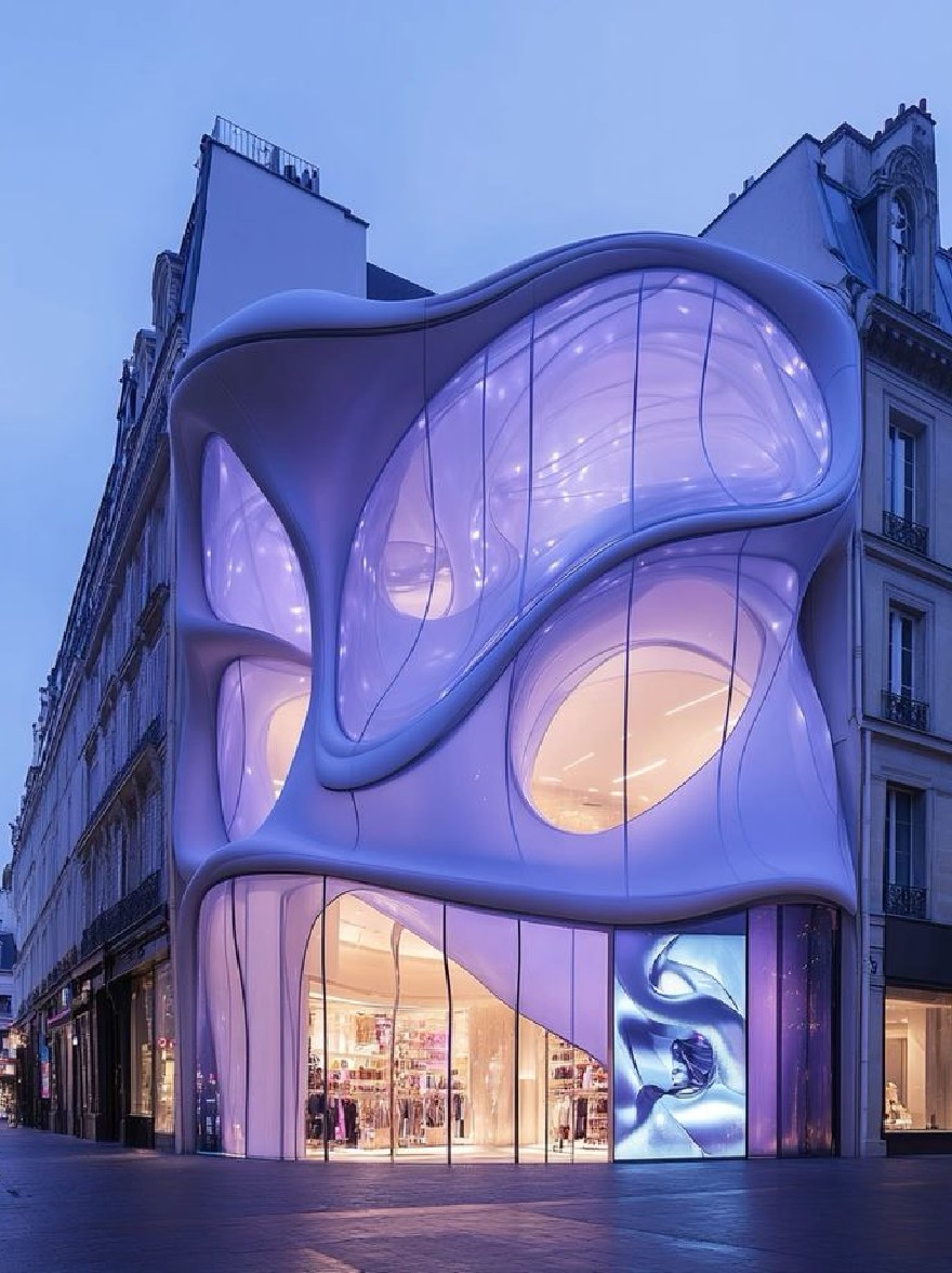 Русский промпт: The image shows a modern building with a unique architectural design, located in Paris, France. The building has a curved, wavy facade with translucent, translucent windows that reflect the soft, ambient lighting. The exterior is illuminated with a combination of purple and blue hues, creating a mesmerizing effect. The facade is surrounded by other buildings with similar architectural styles. The sky is a deep blue, with a few wispy clouds, and the street below is empty. Общая атмосфера - одна из изощренности и элегантности. | Original prompt: The image shows a modern building with a unique architectural design, located in Paris, France. The building has a curved, wavy facade with translucent, translucent windows that reflect the soft, ambient lighting. The exterior is illuminated with a combination of purple and blue hues, creating a mesmerizing effect. The facade is surrounded by other buildings with similar architectural styles. The sky is a deep blue, with a few wispy clouds, and the street below is empty. The overall atmosphere is one of sophistication and elegance.