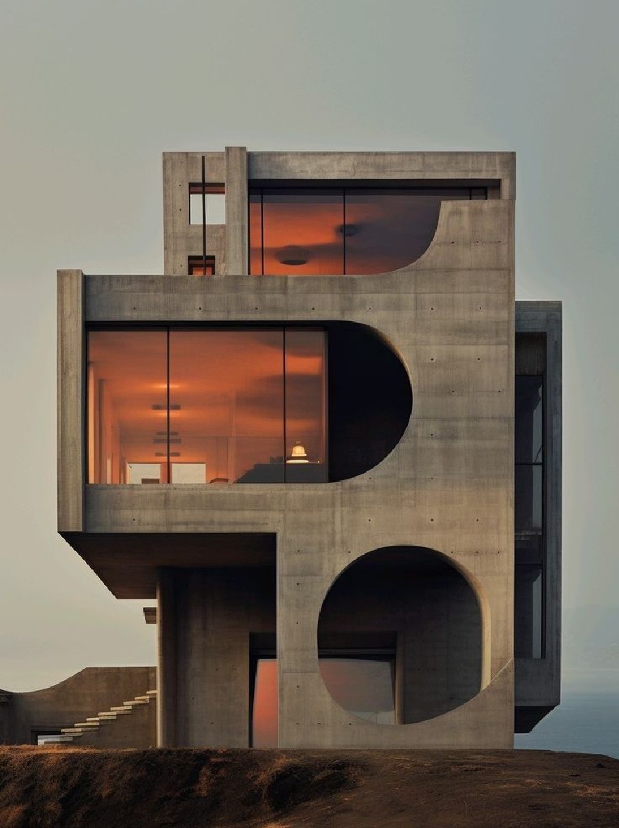 Русский промпт: A photograph of a modern, minimalist concrete house perched atop a hill at sunset, with a clear sky in the background. The house has large, curved windows that reflect the warm, orange glow of the setting sun, creating a serene and peaceful atmosphere. The exterior of the house is made of concrete, and there are stairs leading up to the entrance. The lighting is soft and warm, casting a gentle glow on the house's exterior. The overall mood is peaceful and contemplative, evoking a sense of tranquility and serenity. | Original prompt: A photograph of a modern, minimalist concrete house perched atop a hill at sunset, with a clear sky in the background. The house has large, curved windows that reflect the warm, orange glow of the setting sun, creating a serene and peaceful atmosphere. The exterior of the house is made of concrete, and there are stairs leading up to the entrance. The lighting is soft and warm, casting a gentle glow on the house's exterior. The overall mood is peaceful and contemplative, evoking a sense of tranquility and serenity.