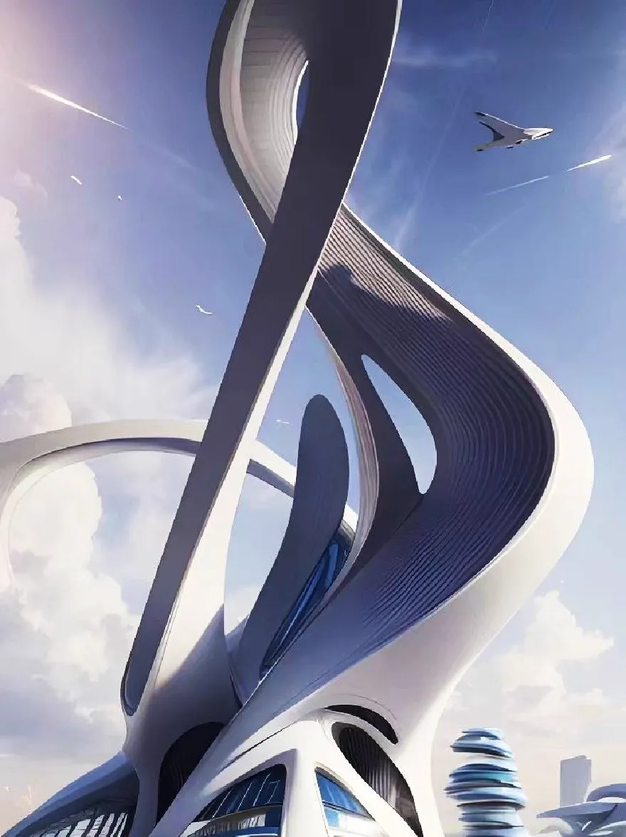 Русский промпт: A futuristic, futuristic building with a unique architectural design featuring a curved, curved facade and multiple levels. The building is predominantly white with blue accents, and has a modern, contemporary look. The sky is a bright blue with a few white clouds scattered throughout. In the background, an airplane is flying in the sky, adding a sense of movement to the scene. The image is a digital rendering, with a high-quality, detailed look at the building's design and the surrounding environment. | Original prompt: A futuristic, futuristic building with a unique architectural design featuring a curved, curved facade and multiple levels. The building is predominantly white with blue accents, and has a modern, contemporary look. The sky is a bright blue with a few white clouds scattered throughout. In the background, an airplane is flying in the sky, adding a sense of movement to the scene. The image is a digital rendering, with a high-quality, detailed look at the building's design and the surrounding environment.