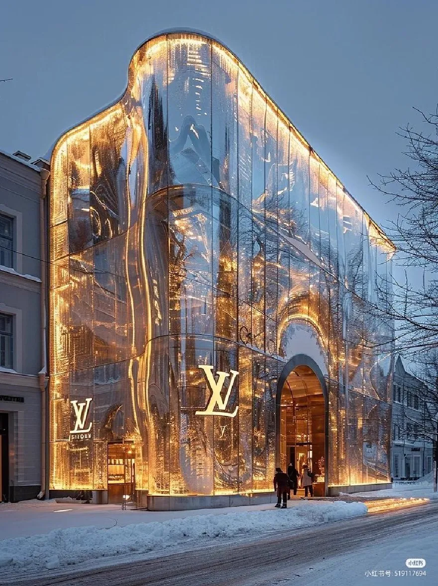 Русский промпт: A rendering of a luxurious Louis Vuitton store in Berlin, Germany, designed by Zaha Hadid Architects. The building is made of translucent glass, reflecting the warm, golden light of the setting sun. The exterior features the iconic LV logo prominently displayed, along with the store's large arched entrance. The scene is set at dusk, with snow-covered streets and bare trees in the foreground. The sky is a deep blue, with a few wispy clouds. People can be seen walking past the store, admiring its grandeur. | Original prompt: A rendering of a luxurious Louis Vuitton store in Berlin, Germany, designed by Zaha Hadid Architects. The building is made of translucent glass, reflecting the warm, golden light of the setting sun. The exterior features the iconic LV logo prominently displayed, along with the store's large arched entrance. The scene is set at dusk, with snow-covered streets and bare trees in the foreground. The sky is a deep blue, with a few wispy clouds. People can be seen walking past the store, admiring its grandeur.