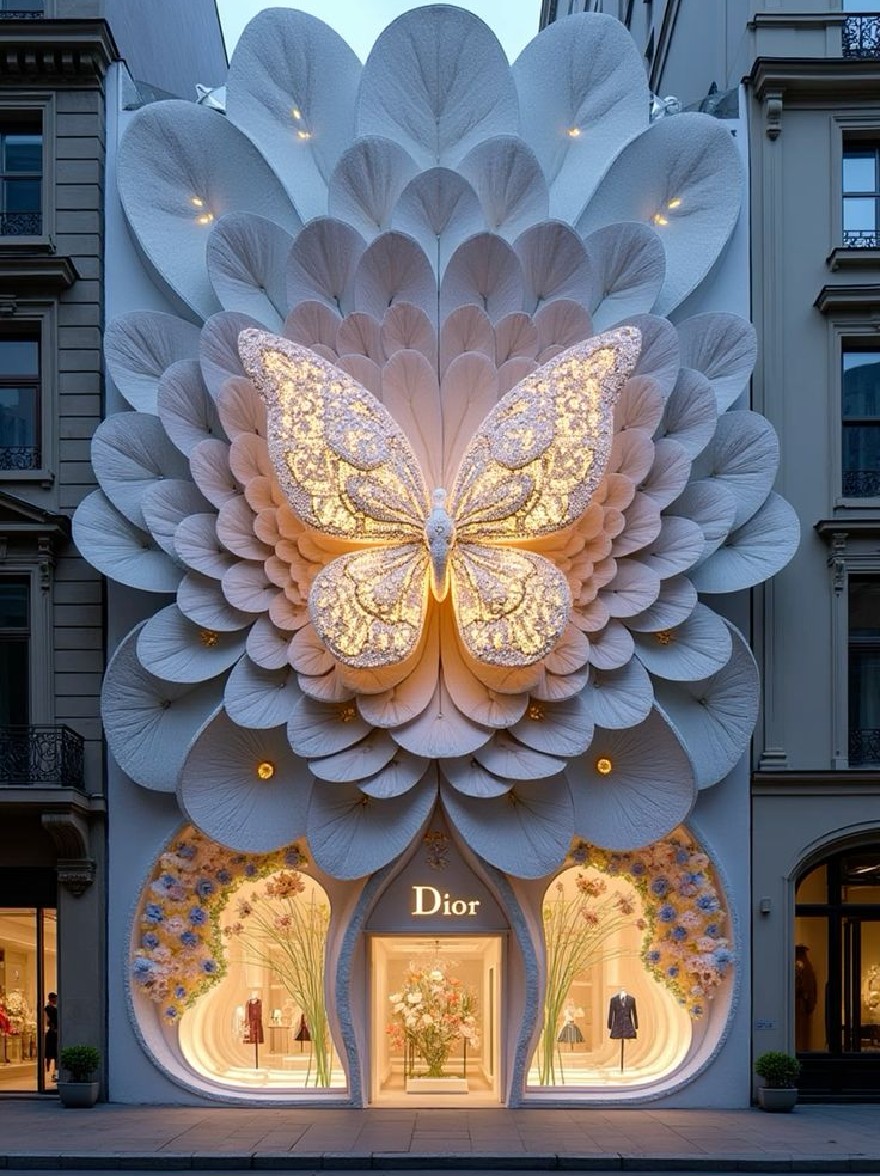 Русский промпт: The image shows a stunning Dior store in Paris, France, with a large, luminous butterfly sculpture made of paper flowers adorning the facade. The butterfly is intricately detailed with sparkling gold accents, and its wings are spread wide, creating a beautiful and eye-catching display. The store is located in the center of the image, surrounded by tall, modern buildings with ornate balconies. The entrance is flanked by two large windows, allowing customers to see the store's offerings. The lighting is soft and warm, highlighting the intricate details of the butterfly and flowers. The overall effect is one of elegance and sophistication. | Original prompt: The image shows a stunning Dior store in Paris, France, with a large, luminous butterfly sculpture made of paper flowers adorning the facade. The butterfly is intricately detailed with sparkling gold accents, and its wings are spread wide, creating a beautiful and eye-catching display. The store is located in the center of the image, surrounded by tall, modern buildings with ornate balconies. The entrance is flanked by two large windows, allowing customers to see the store's offerings. The lighting is soft and warm, highlighting the intricate details of the butterfly and flowers. The overall effect is one of elegance and sophistication.