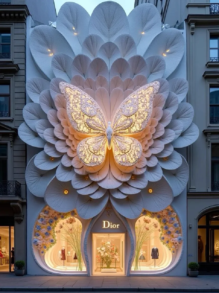 Русский промпт: The image shows a stunning Dior store in Paris, France, with a large, luminous butterfly sculpture made of paper flowers adorning the facade. The butterfly is intricately detailed with sparkling gold accents, and its wings are spread wide, creating a beautiful and eye-catching display. The store is located in the center of the image, surrounded by tall, modern buildings with ornate balconies. The entrance is flanked by two large windows, allowing customers to see the store's offerings. The lighting is soft and warm, highlighting the intricate details of the butterfly and flowers. The overall effect is one of elegance and sophistication. | Original prompt: The image shows a stunning Dior store in Paris, France, with a large, luminous butterfly sculpture made of paper flowers adorning the facade. The butterfly is intricately detailed with sparkling gold accents, and its wings are spread wide, creating a beautiful and eye-catching display. The store is located in the center of the image, surrounded by tall, modern buildings with ornate balconies. The entrance is flanked by two large windows, allowing customers to see the store's offerings. The lighting is soft and warm, highlighting the intricate details of the butterfly and flowers. The overall effect is one of elegance and sophistication.
