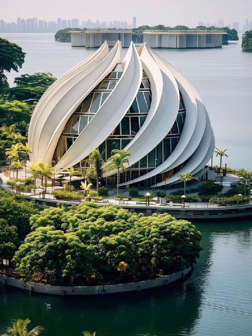 Русский промпт: A stunning architectural masterpiece in Singapore, designed by renowned architect Guggenheim. The building features a unique, curved, white exterior with large, faceted windows that allow natural light to filter through. The exterior is surrounded by lush greenery, including trees, shrubs, and bushes, and is situated on a small island in the middle of a lake. The lake is calm and still, reflecting the surrounding skyline. The sky is clear and bright, with a few clouds scattered across it. The overall aesthetic of the building is modern and contemporary. | Original prompt: A stunning architectural masterpiece in Singapore, designed by renowned architect Guggenheim. The building features a unique, curved, white exterior with large, faceted windows that allow natural light to filter through. The exterior is surrounded by lush greenery, including trees, shrubs, and bushes, and is situated on a small island in the middle of a lake. The lake is calm and still, reflecting the surrounding skyline. The sky is clear and bright, with a few clouds scattered across it. The overall aesthetic of the building is modern and contemporary.