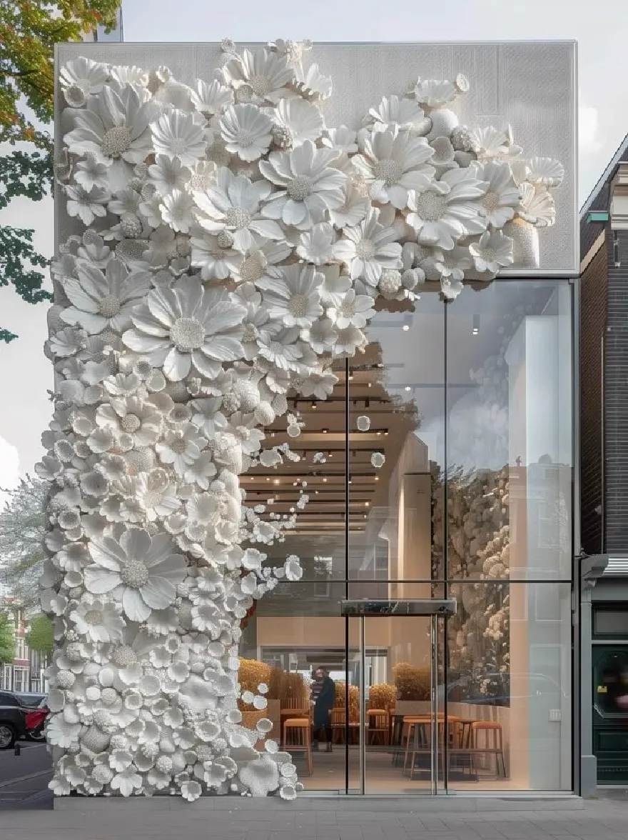 Русский промпт: A rendering of a modern building with a unique architectural design featuring a large, white, flower-like structure covering the entire facade. The structure is made up of multiple layers of paper flowers arranged in a vertical manner, creating a stunning visual effect. The building has a glass facade, allowing natural light to filter through and illuminate the interior. In the foreground, a person stands in front of the entrance, taking in the view. The scene is set in Amsterdam, Netherlands, with other buildings and trees visible in the background. The sky is clear and bright, with a few clouds scattered across it. The overall aesthetic is minimalistic and contemporary. | Original prompt: A rendering of a modern building with a unique architectural design featuring a large, white, flower-like structure covering the entire facade. The structure is made up of multiple layers of paper flowers arranged in a vertical manner, creating a stunning visual effect. The building has a glass facade, allowing natural light to filter through and illuminate the interior. In the foreground, a person stands in front of the entrance, taking in the view. The scene is set in Amsterdam, Netherlands, with other buildings and trees visible in the background. The sky is clear and bright, with a few clouds scattered across it. The overall aesthetic is minimalistic and contemporary.