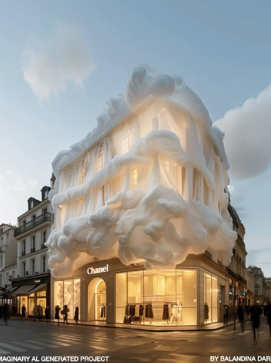 Русский промпт: A rendering of a Chanel store with a unique, cloud-like structure that resembles a cloud, located in Paris, France. The building has a modern, minimalist design with a white facade and large, fluffy clouds covering the entire facade. The sky is a deep blue with a few wispy clouds, and the lighting is soft and warm, creating a dreamy atmosphere. People are walking around the building, admiring its architecture. The text "Imaginary Al Generated Project" is written in the bottom right corner. The overall aesthetic is whimsical and dreamy, with a focus on natural beauty and complexity. | Original prompt: A rendering of a Chanel store with a unique, cloud-like structure that resembles a cloud, located in Paris, France. The building has a modern, minimalist design with a white facade and large, fluffy clouds covering the entire facade. The sky is a deep blue with a few wispy clouds, and the lighting is soft and warm, creating a dreamy atmosphere. People are walking around the building, admiring its architecture. The text "Imaginary Al Generated Project" is written in the bottom right corner. The overall aesthetic is whimsical and dreamy, with a focus on natural beauty and complexity.