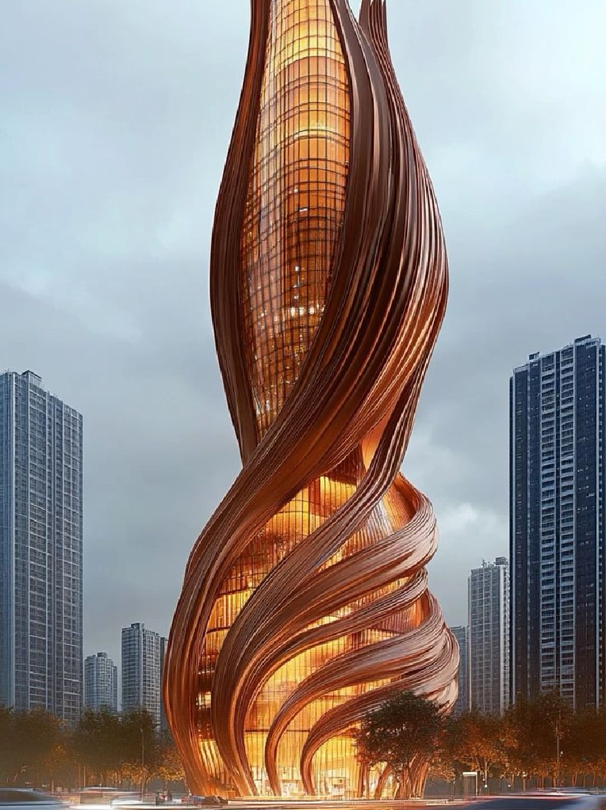 Русский промпт: A futuristic, spiral-shaped building with a unique architectural design, located in Shanghai, China. The building is made of wood and glass, with a curved, wavy facade that blends seamlessly into the surrounding skyline. The exterior is illuminated with warm, golden light, creating a mesmerizing effect. The sky is a deep blue with a few clouds, and the cityscape is filled with tall, modern skyscrapers. The image is taken from a low angle, with the building in the center of the frame. The lighting is soft and even, highlighting the intricate details of the building's curves and the reflective surface of the glass. The overall effect is one of elegance and sophistication. | Original prompt: A futuristic, spiral-shaped building with a unique architectural design, located in Shanghai, China. The building is made of wood and glass, with a curved, wavy facade that blends seamlessly into the surrounding skyline. The exterior is illuminated with warm, golden light, creating a mesmerizing effect. The sky is a deep blue with a few clouds, and the cityscape is filled with tall, modern skyscrapers. The image is taken from a low angle, with the building in the center of the frame. The lighting is soft and even, highlighting the intricate details of the building's curves and the reflective surface of the glass. The overall effect is one of elegance and sophistication.