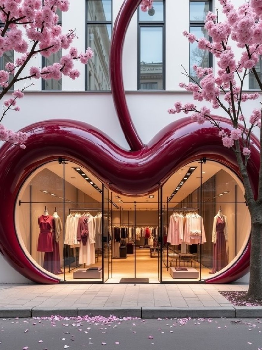 Русский промпт: A large, curved, red apple-shaped storefront with glass walls and a glass door, surrounded by cherry blossom trees in full bloom. Inside the store, there are mannequins wearing dresses, showcasing a variety of styles and colors. The store is located in a modern, white building with large windows, and the ground is covered in pink petals. The lighting is bright and natural, creating a warm and inviting atmosphere. | Original prompt: A large, curved, red apple-shaped storefront with glass walls and a glass door, surrounded by cherry blossom trees in full bloom. Inside the store, there are mannequins wearing dresses, showcasing a variety of styles and colors. The store is located in a modern, white building with large windows, and the ground is covered in pink petals. The lighting is bright and natural, creating a warm and inviting atmosphere.