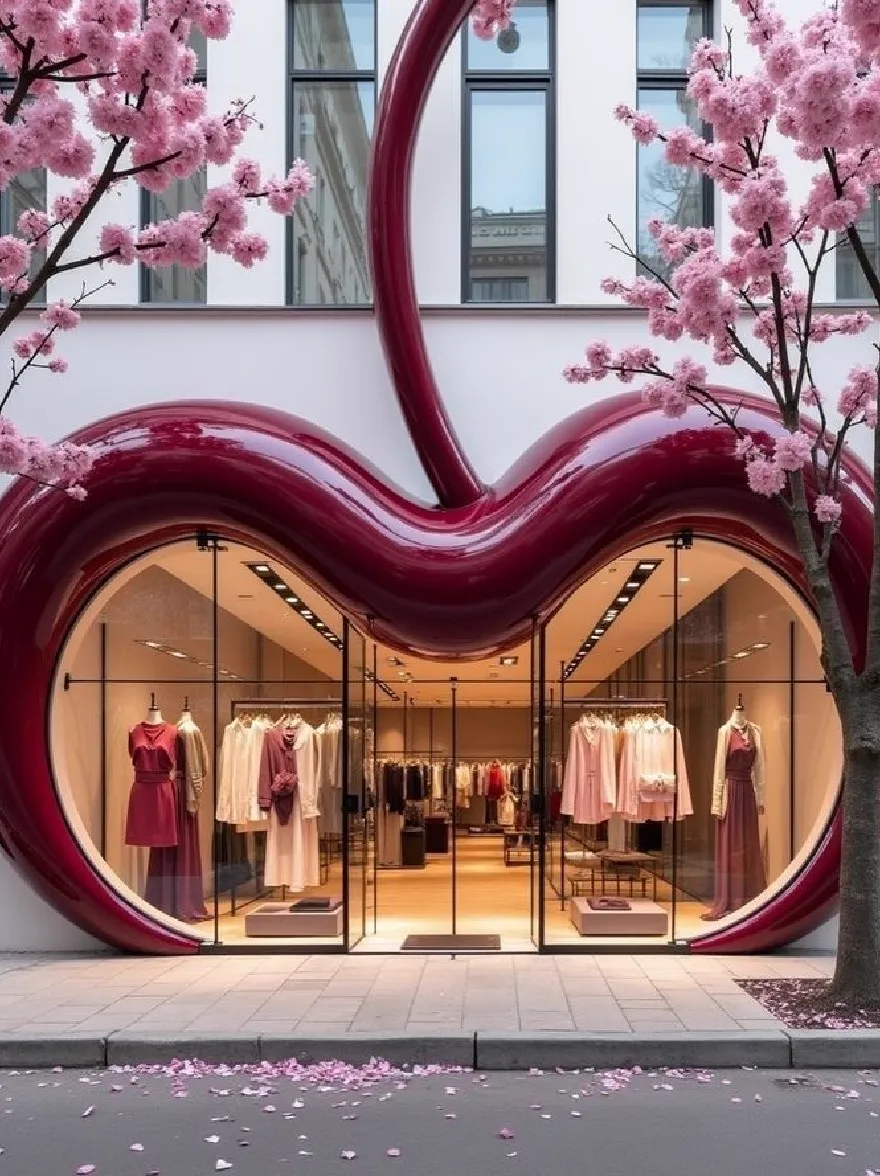 Русский промпт: A large, curved, red apple-shaped storefront with glass walls and a glass door, surrounded by cherry blossom trees in full bloom. Inside the store, there are mannequins wearing dresses, showcasing a variety of styles and colors. The store is located in a modern, white building with large windows, and the ground is covered in pink petals. The lighting is bright and natural, creating a warm and inviting atmosphere. | Original prompt: A large, curved, red apple-shaped storefront with glass walls and a glass door, surrounded by cherry blossom trees in full bloom. Inside the store, there are mannequins wearing dresses, showcasing a variety of styles and colors. The store is located in a modern, white building with large windows, and the ground is covered in pink petals. The lighting is bright and natural, creating a warm and inviting atmosphere.