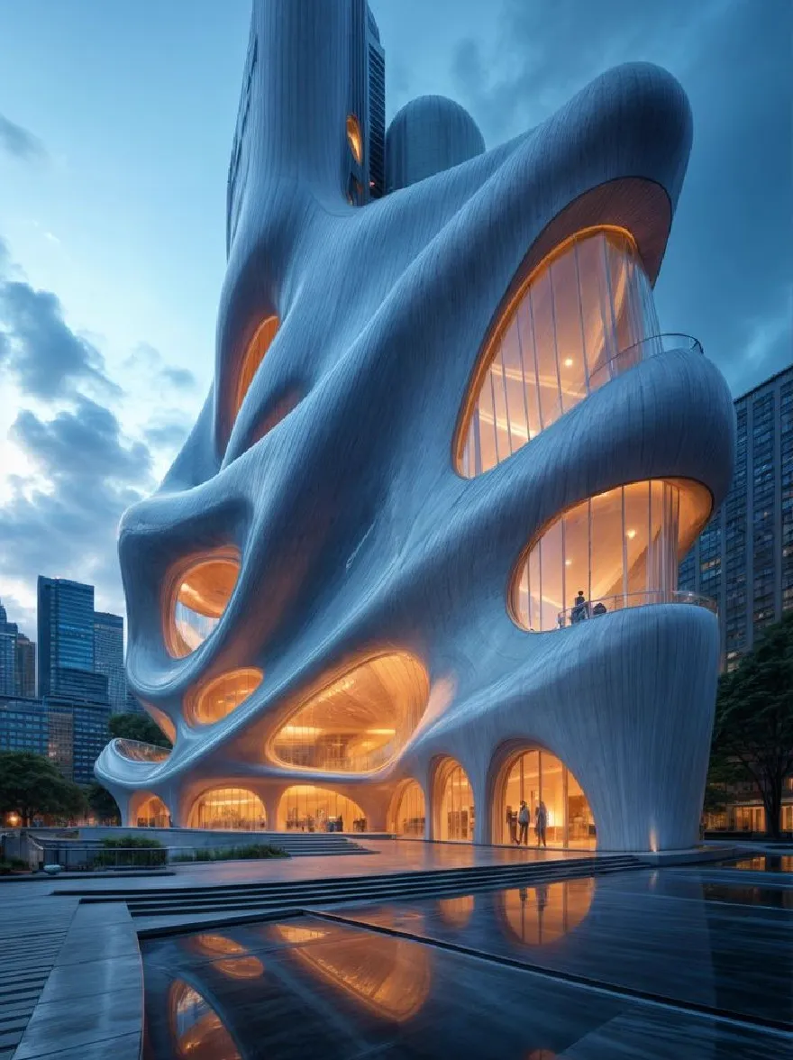Русский промпт: Потрясающая архитектурная фотография футуристического здания с уникальным, изогнутым архитектурным дизайном. Здание расположено в Шанхае, Китай, и окружено другими современными небоскребами. Небо глубоко синее с несколькими облаками, разбросанными по нему. Освещение мягкое и теплое, отражаясь от воды перед зданием. Люди можно увидеть, прогуливаясь по зданию, восхищаясь его сложными деталями. Общая эстетика - это изысканность и элегантность. | Original prompt: A stunning architectural photograph of a futuristic building with a unique, curved architectural design. The building is located in Shanghai, China, and is surrounded by other modern skyscrapers. The sky is a deep blue with a few clouds scattered across it. The lighting is soft and warm, reflecting off the water in front of the building. People can be seen walking around the building, admiring its intricate details. The overall aesthetic is one of sophistication and elegance.