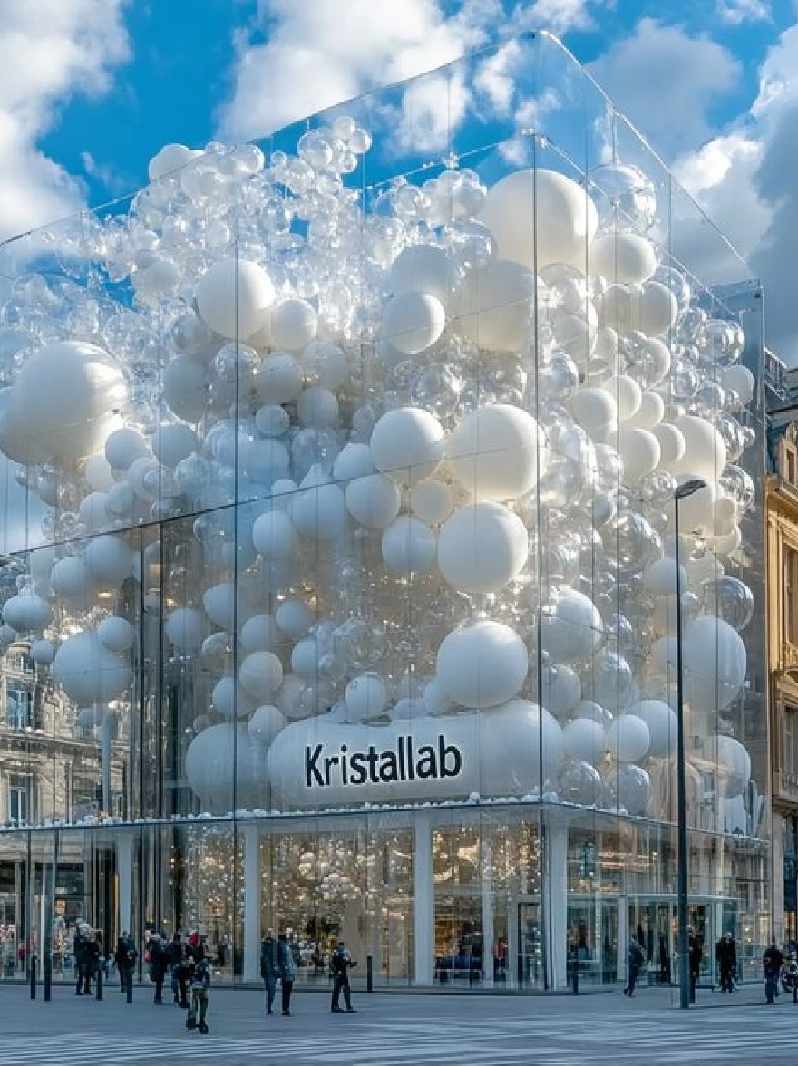 Русский промпт: The image shows Kristallab's new flagship store in Stockholm, Sweden, designed by Zaha Hadid Architects. The building is made of transparent glass and is decorated with large, translucent white balloons, creating a festive atmosphere. The entrance of the store is prominently displayed, with the brand name "Kristallab" written in bold, white lettering. People are walking around the store, admiring the decorations. The sky is a bright blue with fluffy white clouds, and the building itself is surrounded by other buildings with ornate architectural details. The scene is bustling with activity, with pedestrians crossing the street. | Original prompt: The image shows Kristallab's new flagship store in Stockholm, Sweden, designed by Zaha Hadid Architects. The building is made of transparent glass and is decorated with large, translucent white balloons, creating a festive atmosphere. The entrance of the store is prominently displayed, with the brand name "Kristallab" written in bold, white lettering. People are walking around the store, admiring the decorations. The sky is a bright blue with fluffy white clouds, and the building itself is surrounded by other buildings with ornate architectural details. The scene is bustling with activity, with pedestrians crossing the street.
