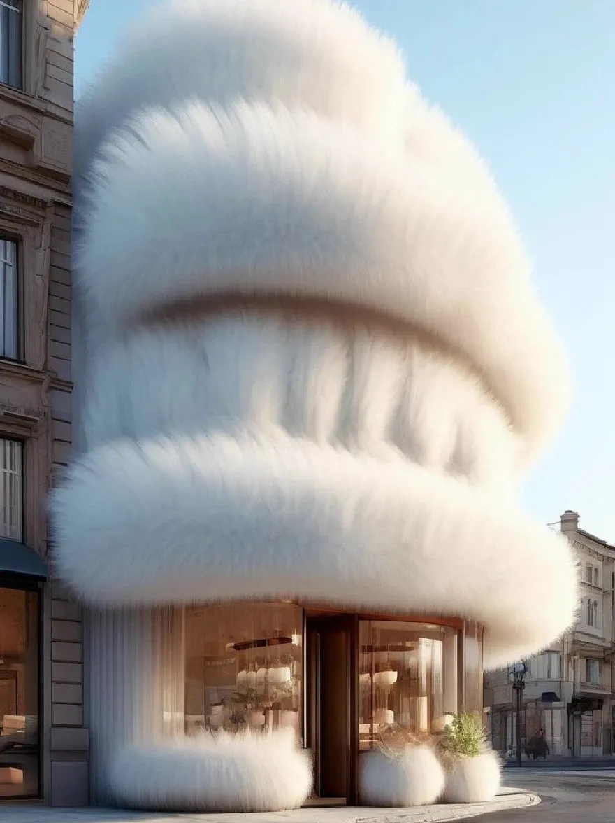 Русский промпт: A rendering of a luxurious, modern building with a unique, feathered exterior. The building has a tall, cylindrical shape with a wide, fluffy white fur covering the entire facade. The entrance is made of glass, allowing natural light to filter through and illuminate the interior. The exterior is surrounded by tall, brown buildings with large windows. The sky is clear and blue, with a few clouds scattered across it. In the foreground, there is a small potted plant, adding a touch of greenery to the scene. The overall aesthetic of the building is one of sophistication and elegance. The text "Wegebrym" is visible at the bottom right corner of the image. | Original prompt: A rendering of a luxurious, modern building with a unique, feathered exterior. The building has a tall, cylindrical shape with a wide, fluffy white fur covering the entire facade. The entrance is made of glass, allowing natural light to filter through and illuminate the interior. The exterior is surrounded by tall, brown buildings with large windows. The sky is clear and blue, with a few clouds scattered across it. In the foreground, there is a small potted plant, adding a touch of greenery to the scene. The overall aesthetic of the building is one of sophistication and elegance. The text "Wegebrym" is visible at the bottom right corner of the image.