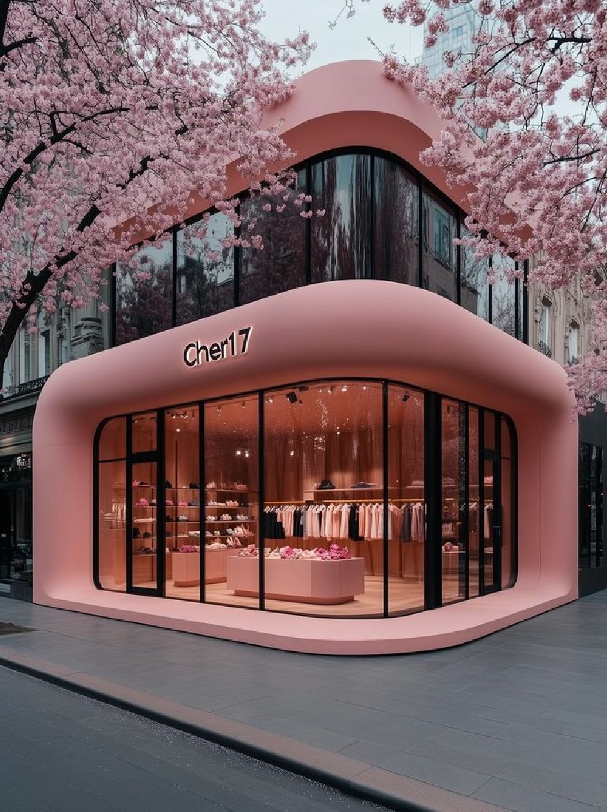 Русский промпт: A rendering of a modern, minimalist store with a pink facade and large glass windows, surrounded by cherry blossom trees in full bloom. The store is located in the middle of a city street, with tall buildings in the background. The facade is curved and has a sleek, modern design with a minimalistic aesthetic. On the front of the store, there is a large sign that reads "Cheri7" in white lettering. Inside, there are shelves filled with a variety of clothing items, including dresses, shoes, and accessories. The lighting is soft and warm, creating a cozy atmosphere. The overall aesthetic is minimalistic and contemporary, with a focus on aesthetics and minimalism. | Original prompt: A rendering of a modern, minimalist store with a pink facade and large glass windows, surrounded by cherry blossom trees in full bloom. The store is located in the middle of a city street, with tall buildings in the background. The facade is curved and has a sleek, modern design with a minimalistic aesthetic. On the front of the store, there is a large sign that reads "Cheri7" in white lettering. Inside, there are shelves filled with a variety of clothing items, including dresses, shoes, and accessories. The lighting is soft and warm, creating a cozy atmosphere. The overall aesthetic is minimalistic and contemporary, with a focus on aesthetics and minimalism.