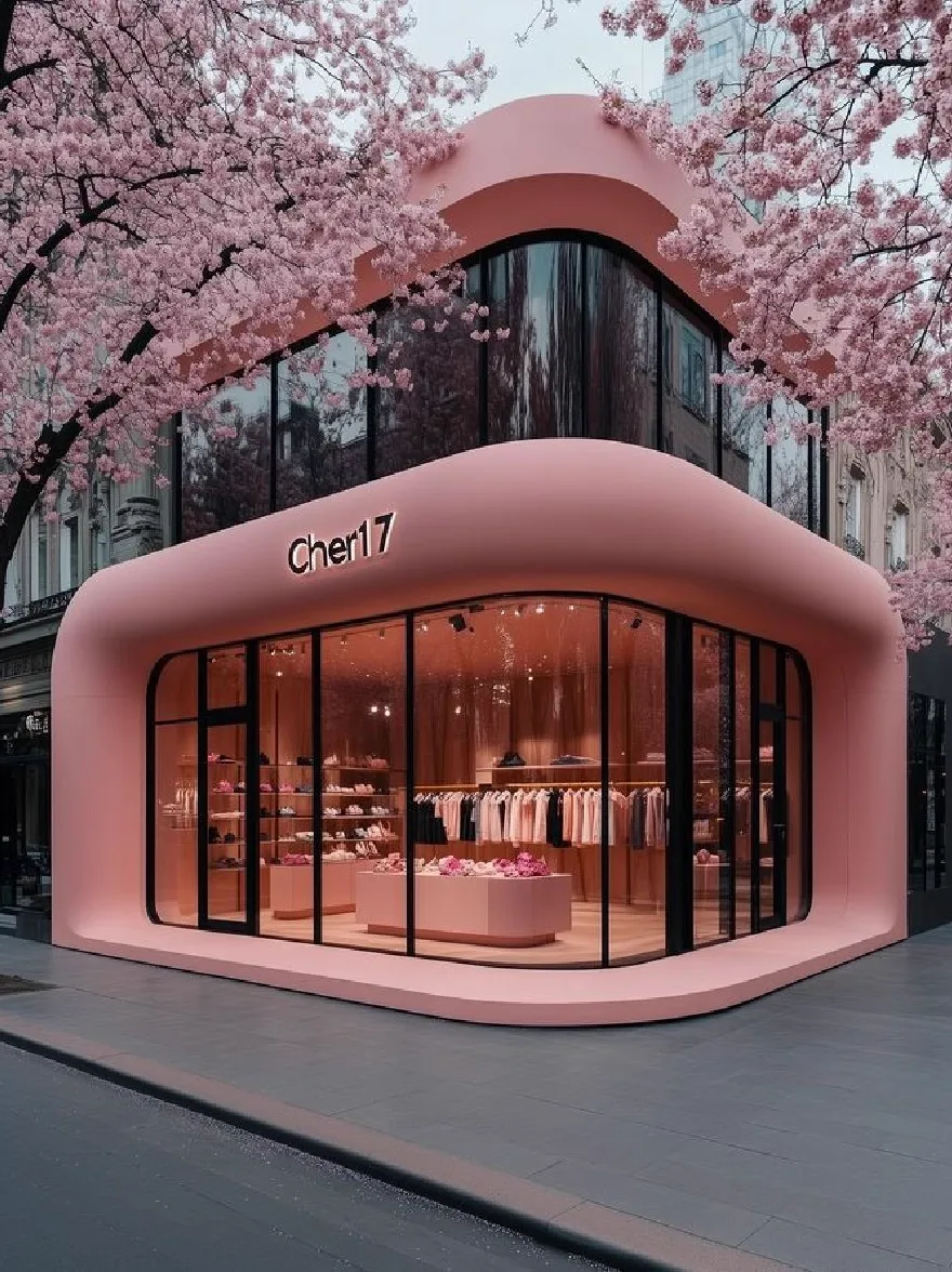 Русский промпт: A rendering of a modern, minimalist store with a pink facade and large glass windows, surrounded by cherry blossom trees in full bloom. The store is located in the middle of a city street, with tall buildings in the background. The facade is curved and has a sleek, modern design with a minimalistic aesthetic. On the front of the store, there is a large sign that reads "Cheri7" in white lettering. Inside, there are shelves filled with a variety of clothing items, including dresses, shoes, and accessories. The lighting is soft and warm, creating a cozy atmosphere. The overall aesthetic is minimalistic and contemporary, with a focus on aesthetics and minimalism. | Original prompt: A rendering of a modern, minimalist store with a pink facade and large glass windows, surrounded by cherry blossom trees in full bloom. The store is located in the middle of a city street, with tall buildings in the background. The facade is curved and has a sleek, modern design with a minimalistic aesthetic. On the front of the store, there is a large sign that reads "Cheri7" in white lettering. Inside, there are shelves filled with a variety of clothing items, including dresses, shoes, and accessories. The lighting is soft and warm, creating a cozy atmosphere. The overall aesthetic is minimalistic and contemporary, with a focus on aesthetics and minimalism.