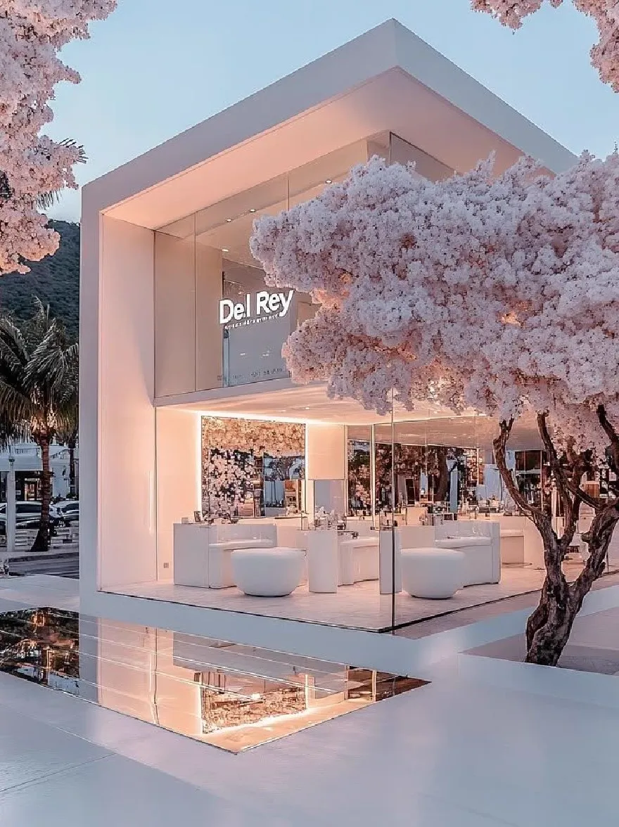 Русский промпт: A modern, minimalist white building with a glass facade and a large window display featuring the Del Rey logo. The building is surrounded by cherry blossom trees in full bloom, creating a beautiful and serene atmosphere. The reflection of the trees and the building can be seen in the glass, adding a touch of elegance to the scene. The sky is a clear blue, with a few wispy clouds, and the overall lighting is soft and warm, giving the scene a dreamy, ethereal feel. The overall effect is one of luxury and sophistication. | Original prompt: A modern, minimalist white building with a glass facade and a large window display featuring the Del Rey logo. The building is surrounded by cherry blossom trees in full bloom, creating a beautiful and serene atmosphere. The reflection of the trees and the building can be seen in the glass, adding a touch of elegance to the scene. The sky is a clear blue, with a few wispy clouds, and the overall lighting is soft and warm, giving the scene a dreamy, ethereal feel. The overall effect is one of luxury and sophistication.