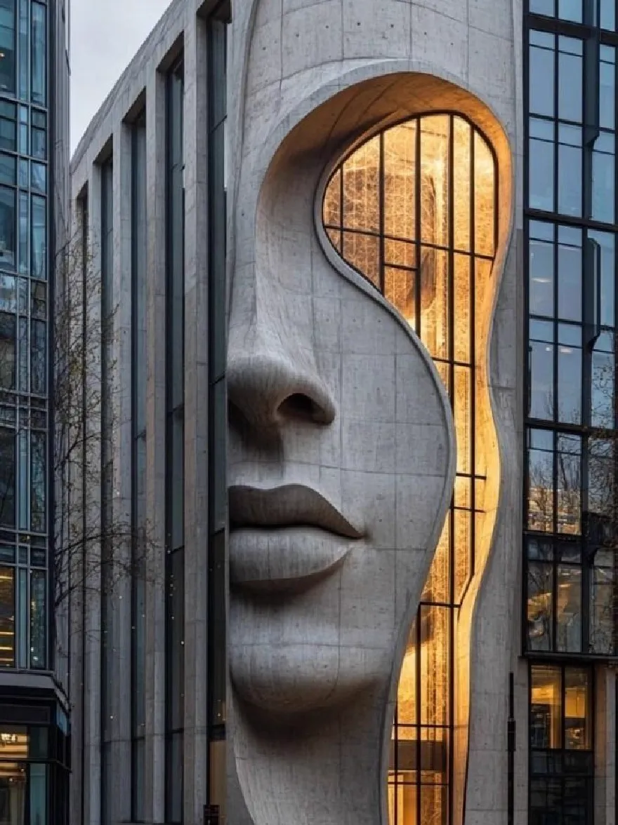 Русский промпт: A modern, contemporary building with a unique architectural feature featuring a large, abstract sculpture of a woman's face and a yin-yang symbol carved into the concrete facade. The sculpture is illuminated by a warm, golden light, casting a soft glow on the surrounding buildings. The building is surrounded by tall, reflective glass windows, creating a striking contrast with the concrete structure. The sky is visible in the background, adding to the overall aesthetic of the image. The image is taken from a low angle, looking up at the sculpture, giving a sense of depth and perspective. | Original prompt: A modern, contemporary building with a unique architectural feature featuring a large, abstract sculpture of a woman's face and a yin-yang symbol carved into the concrete facade. The sculpture is illuminated by a warm, golden light, casting a soft glow on the surrounding buildings. The building is surrounded by tall, reflective glass windows, creating a striking contrast with the concrete structure. The sky is visible in the background, adding to the overall aesthetic of the image. The image is taken from a low angle, looking up at the sculpture, giving a sense of depth and perspective.