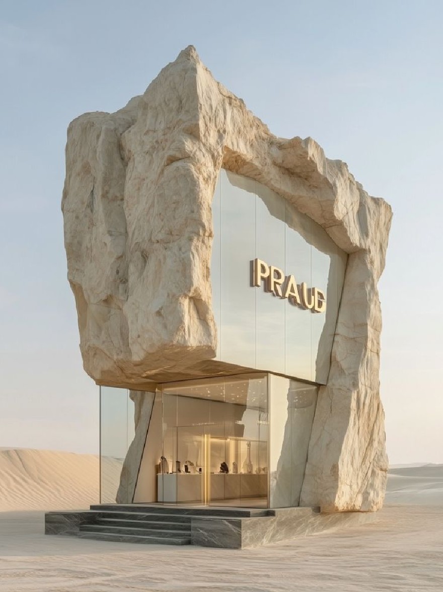 Русский промпт: A rendering of a modern, minimalist store with a large, carved rock formation in the center, featuring the word "PRAUE" written in gold lettering on the glass facade. The store is situated in a desert landscape, with sand dunes in the background and a clear blue sky above. The lighting is soft and warm, casting a golden glow on the store's interior. The overall aesthetic is minimalistic and contemporary. | Original prompt: A rendering of a modern, minimalist store with a large, carved rock formation in the center, featuring the word "PRAUE" written in gold lettering on the glass facade. The store is situated in a desert landscape, with sand dunes in the background and a clear blue sky above. The lighting is soft and warm, casting a golden glow on the store's interior. The overall aesthetic is minimalistic and contemporary.