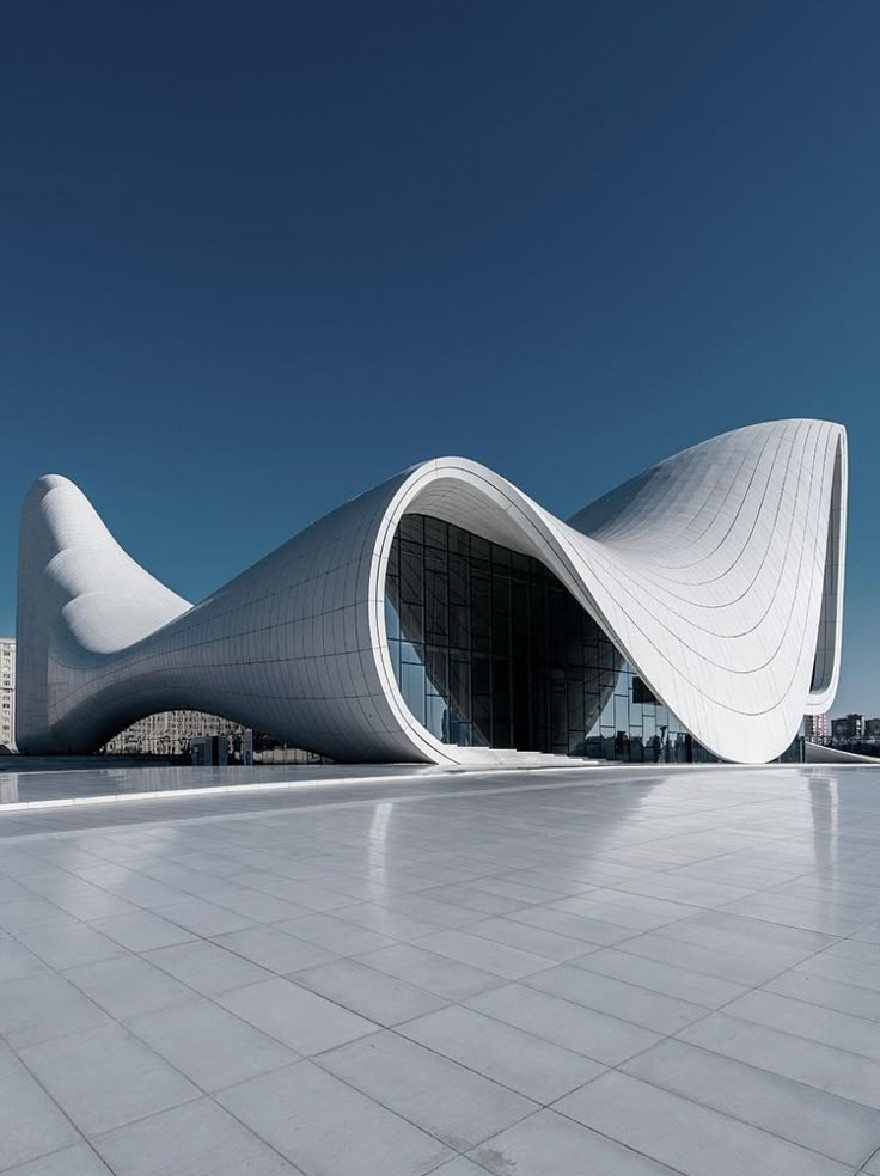 Русский промпт: A photograph of a modern architectural building with a curved, wavy facade and large, reflective windows. The building is situated on a vast, empty plaza with a clear blue sky in the background. The perspective is from a low angle, looking up at the building. The architecture is predominantly white, with a smooth, reflective surface. The image is in black and white. | Original prompt: A photograph of a modern architectural building with a curved, wavy facade and large, reflective windows. The building is situated on a vast, empty plaza with a clear blue sky in the background. The perspective is from a low angle, looking up at the building. The architecture is predominantly white, with a smooth, reflective surface. The image is in black and white.