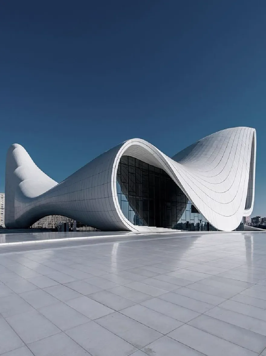 Русский промпт: A photograph of a modern architectural building with a curved, wavy facade and large, reflective windows. The building is situated on a vast, empty plaza with a clear blue sky in the background. The perspective is from a low angle, looking up at the building. The architecture is predominantly white, with a smooth, reflective surface. The image is in black and white. | Original prompt: A photograph of a modern architectural building with a curved, wavy facade and large, reflective windows. The building is situated on a vast, empty plaza with a clear blue sky in the background. The perspective is from a low angle, looking up at the building. The architecture is predominantly white, with a smooth, reflective surface. The image is in black and white.