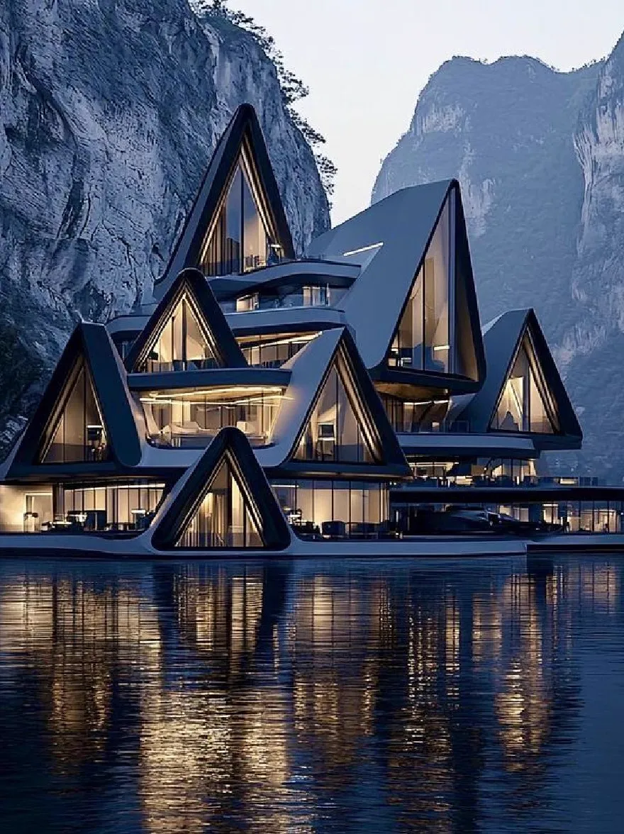 Русский промпт: A stunning architectural rendering of a modern, triangular-shaped houseboat floating on a calm lake at dusk, surrounded by majestic mountains in the background. The houseboat has a sleek, modern design with a triangular roof and large windows that reflect the warm, golden light of the setting sun. The exterior of the houseboat is illuminated by the soft glow of the moonlight, creating a beautiful contrast between the dark exterior and the reflective surface of the lake. The sky is a deep blue, with a few wispy clouds scattered across it, adding to the serene atmosphere. The overall effect is one of tranquility and serenity. | Original prompt: A stunning architectural rendering of a modern, triangular-shaped houseboat floating on a calm lake at dusk, surrounded by majestic mountains in the background. The houseboat has a sleek, modern design with a triangular roof and large windows that reflect the warm, golden light of the setting sun. The exterior of the houseboat is illuminated by the soft glow of the moonlight, creating a beautiful contrast between the dark exterior and the reflective surface of the lake. The sky is a deep blue, with a few wispy clouds scattered across it, adding to the serene atmosphere. The overall effect is one of tranquility and serenity.