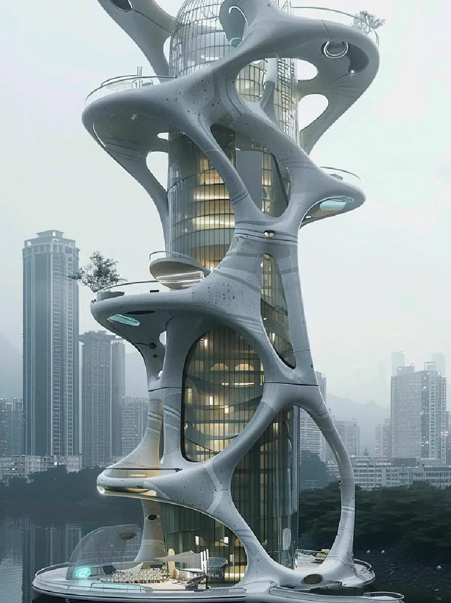 Русский промпт: A futuristic, futuristic skyscraper designed by Zaha Hadid Architects, located in Shanghai, China. It is a tall, cylindrical building with a unique, spiral-like structure that blends seamlessly into the surrounding skyline. The building is illuminated by a soft, misty light, reflecting off the calm waters of the lake below. The exterior features multiple levels, each with its own unique design, and the building is surrounded by tall, modern skyscrapers. The overall aesthetic is minimalistic and contemporary, with a focus on the intricate details of the building's architecture. | Original prompt: A futuristic, futuristic skyscraper designed by Zaha Hadid Architects, located in Shanghai, China. It is a tall, cylindrical building with a unique, spiral-like structure that blends seamlessly into the surrounding skyline. The building is illuminated by a soft, misty light, reflecting off the calm waters of the lake below. The exterior features multiple levels, each with its own unique design, and the building is surrounded by tall, modern skyscrapers. The overall aesthetic is minimalistic and contemporary, with a focus on the intricate details of the building's architecture.