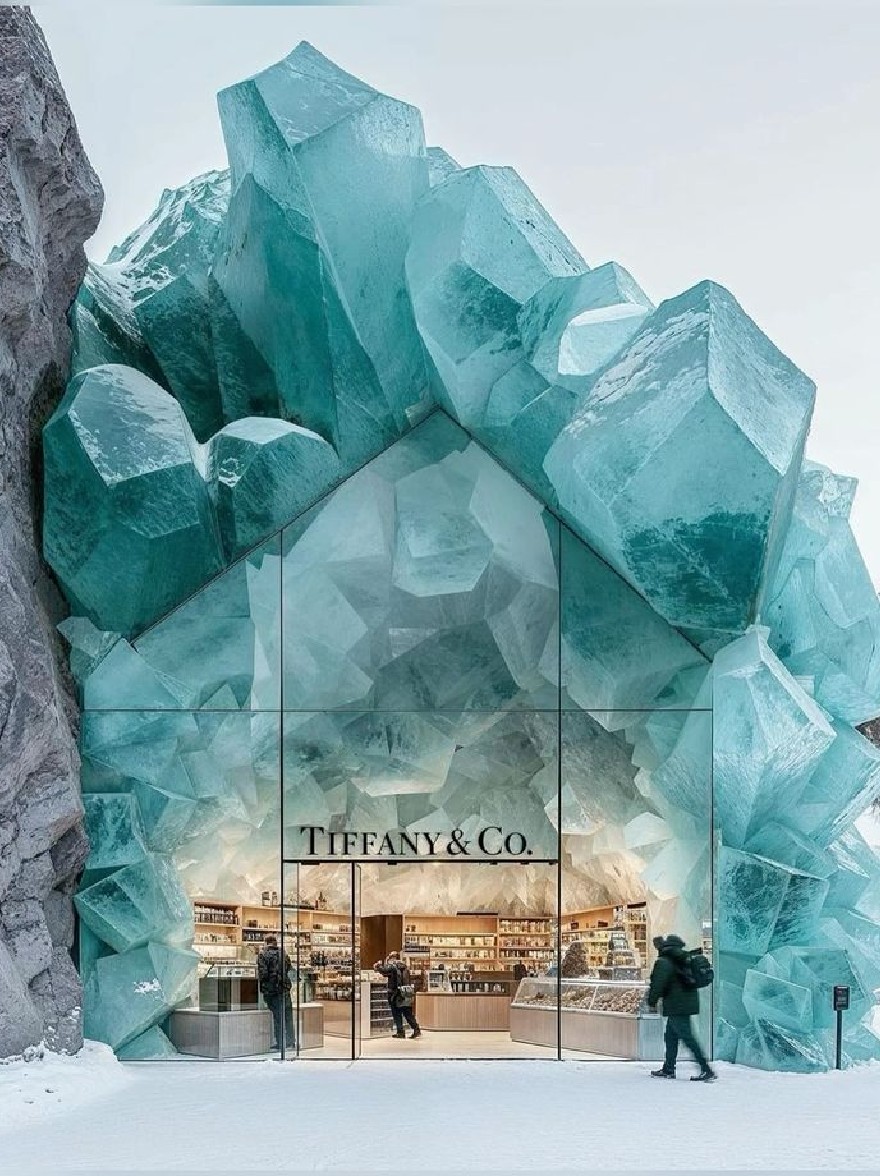 Русский промпт: A stunning architectural rendering of a Tiffany & Co. store located in Glacier National Park, Montana. Магазин состоит из крупных, нерегулярно формированных кристаллов льда, которые легко смешиваются в окружающий ландшафт, создавая уникальный и привлекательный дизайн. Вход обрамлен большой скалой с левой стороны, и название магазина «Tiffany & Co» выставлено на витрине стеклянного фасада. Inside the store, there are shelves filled with various objects, and a few people can be seen walking past. The scene is set against a clear blue sky, with snow-covered trees in the background. | Original prompt: A stunning architectural rendering of a Tiffany & Co. store located in Glacier National Park, Montana. The store is made up of large, irregularly shaped ice crystals that blend seamlessly into the surrounding landscape, creating a unique and eye-catching design. The entrance is framed by a large rock formation on the left side, and the store's name, "Tiffany & Co," is prominently displayed on the glass facade. Inside the store, there are shelves filled with various objects, and a few people can be seen walking past. The scene is set against a clear blue sky, with snow-covered trees in the background.