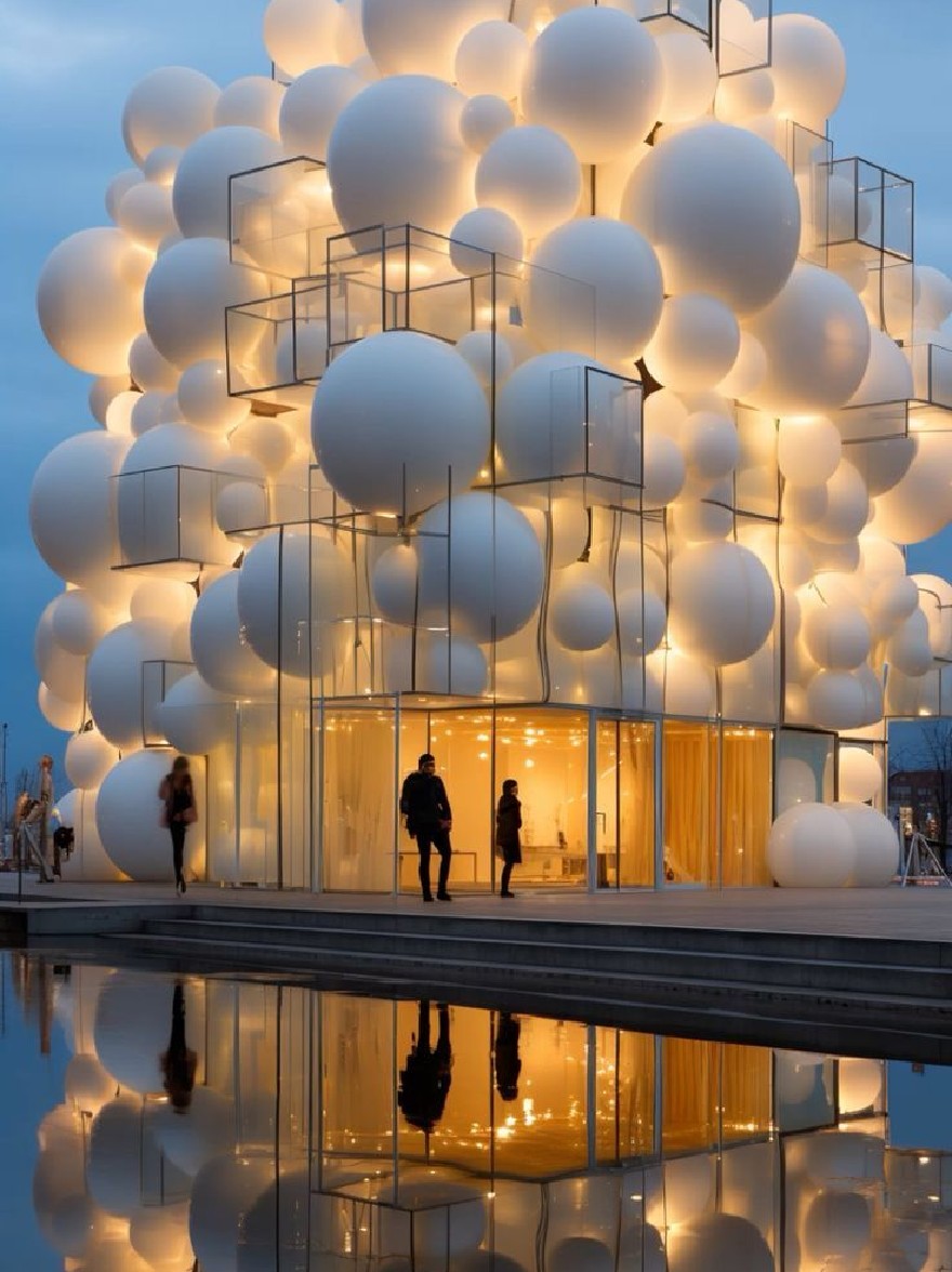 Русский промпт: The image shows a modern building with a unique architectural design, featuring a large, cylindrical structure made up of translucent, spherical spheres that are arranged in a grid-like pattern, reflecting off the water's surface. The building is illuminated by soft, warm light, creating a reflective, reflective effect. People are standing in front of the structure, admiring its intricate design. The sky is a deep blue, with a few wispy clouds scattered across it. The reflection of the spheres in the water creates a mesmerizing effect, making the building stand out even more captivating. The overall aesthetic of the building is minimalistic and contemporary. | Original prompt: The image shows a modern building with a unique architectural design, featuring a large, cylindrical structure made up of translucent, spherical spheres that are arranged in a grid-like pattern, reflecting off the water's surface. The building is illuminated by soft, warm light, creating a reflective, reflective effect. People are standing in front of the structure, admiring its intricate design. The sky is a deep blue, with a few wispy clouds scattered across it. The reflection of the spheres in the water creates a mesmerizing effect, making the building stand out even more captivating. The overall aesthetic of the building is minimalistic and contemporary.