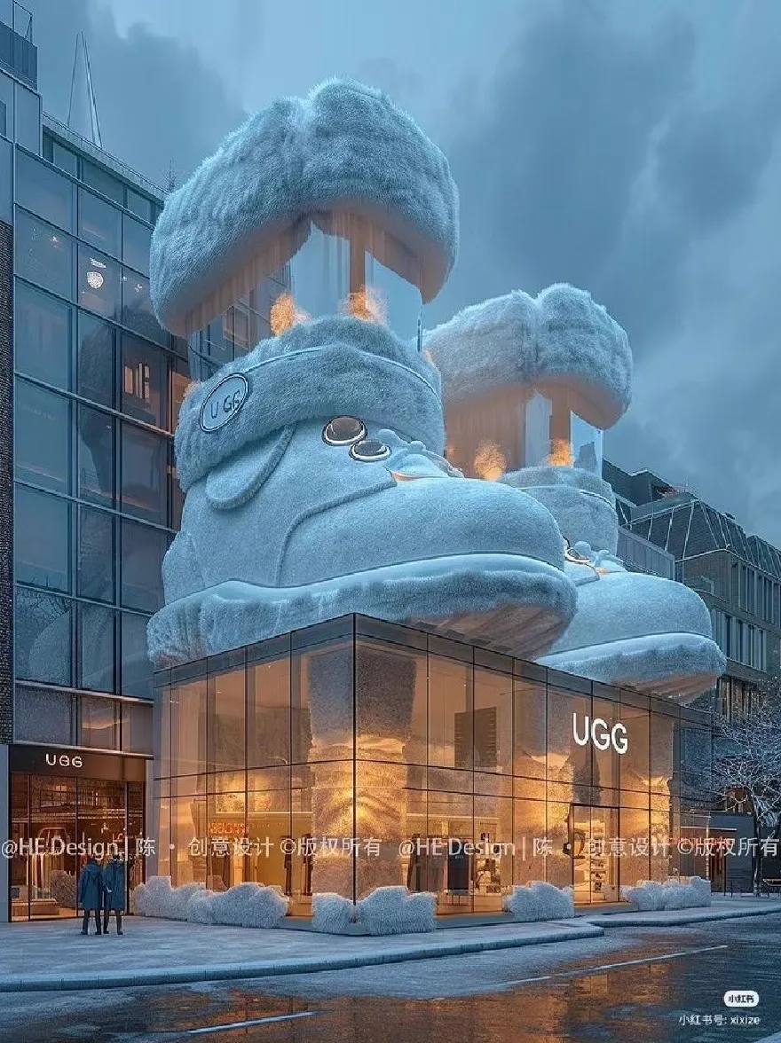 Русский промпт: A rendering of a large, icy UGG store in Shanghai, China. The store is made of glass and steel, with the UGG logo prominently displayed on the front. The building is covered in a thick layer of snow, giving it a frosty appearance. The entrance is flanked by two large, furry UGG boots, which are lit up with warm, glowing lights. The sky is a deep blue, with a few clouds scattered across it. In the foreground, two people stand in front of the store, looking up at the boots. The image has a watermark in the bottom right corner. | Original prompt: A rendering of a large, icy UGG store in Shanghai, China. The store is made of glass and steel, with the UGG logo prominently displayed on the front. The building is covered in a thick layer of snow, giving it a frosty appearance. The entrance is flanked by two large, furry UGG boots, which are lit up with warm, glowing lights. The sky is a deep blue, with a few clouds scattered across it. In the foreground, two people stand in front of the store, looking up at the boots. The image has a watermark in the bottom right corner.