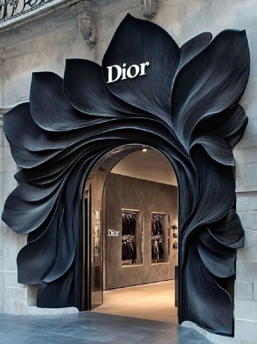 Русский промпт: The image shows a luxurious, modern Christian Dior store located in Paris, France. The entrance is framed by a large, black, leaf-like structure that extends from the center of the building. The structure is adorned with the iconic Dior logo in white lettering. Inside the store, mannequins are dressed in fashionable clothing, showcasing the designer's signature style. The store is set against a grand, ornate balcony with wrought iron railings. The lighting is soft and warm, creating a sophisticated atmosphere. The overall design is sleek and sophisticated, with a focus on luxury and sophistication. | Original prompt: The image shows a luxurious, modern Christian Dior store located in Paris, France. The entrance is framed by a large, black, leaf-like structure that extends from the center of the building. The structure is adorned with the iconic Dior logo in white lettering. Inside the store, mannequins are dressed in fashionable clothing, showcasing the designer's signature style. The store is set against a grand, ornate balcony with wrought iron railings. The lighting is soft and warm, creating a sophisticated atmosphere. The overall design is sleek and sophisticated, with a focus on luxury and sophistication.