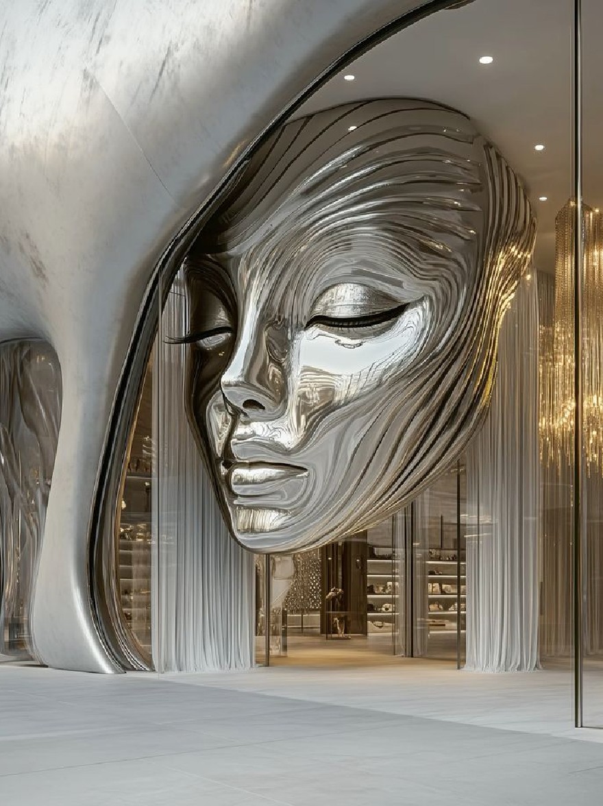 Русский промпт: A rendering of a luxurious, modern, minimalist store with a large, metallic sculpture of a woman's face in the center. The sculpture is intricately detailed with a smooth, polished finish, and is suspended from the ceiling by thin, curved lines. The entrance is flanked by large, frosted glass doors that allow a glimpse of the store's interior. The store is illuminated by bright, ambient lighting, and the floor is made of marble. The overall aesthetic is sleek and contemporary, with a focus on luxury and sophistication. | Original prompt: A rendering of a luxurious, modern, minimalist store with a large, metallic sculpture of a woman's face in the center. The sculpture is intricately detailed with a smooth, polished finish, and is suspended from the ceiling by thin, curved lines. The entrance is flanked by large, frosted glass doors that allow a glimpse of the store's interior. The store is illuminated by bright, ambient lighting, and the floor is made of marble. The overall aesthetic is sleek and contemporary, with a focus on luxury and sophistication.